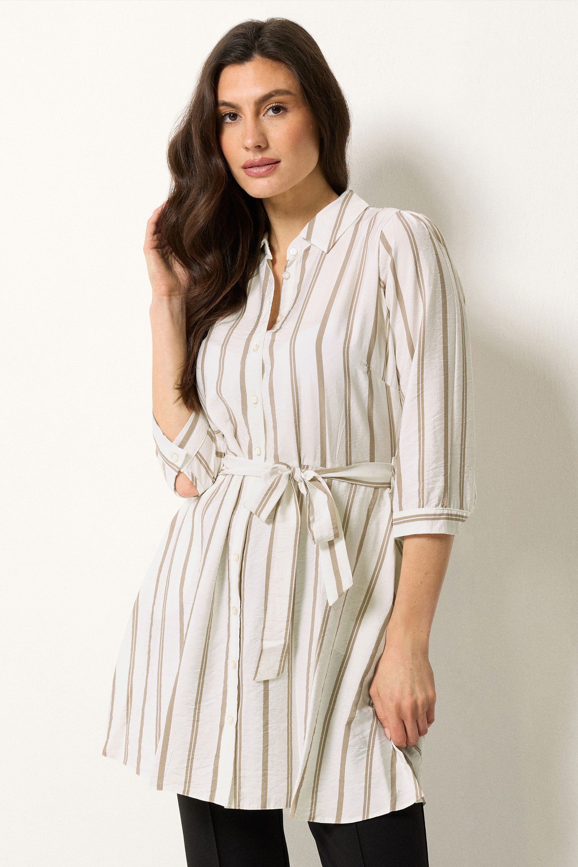 M&Co White & Mocha Brown Stripe Printed Belted Tunic Shirt 3