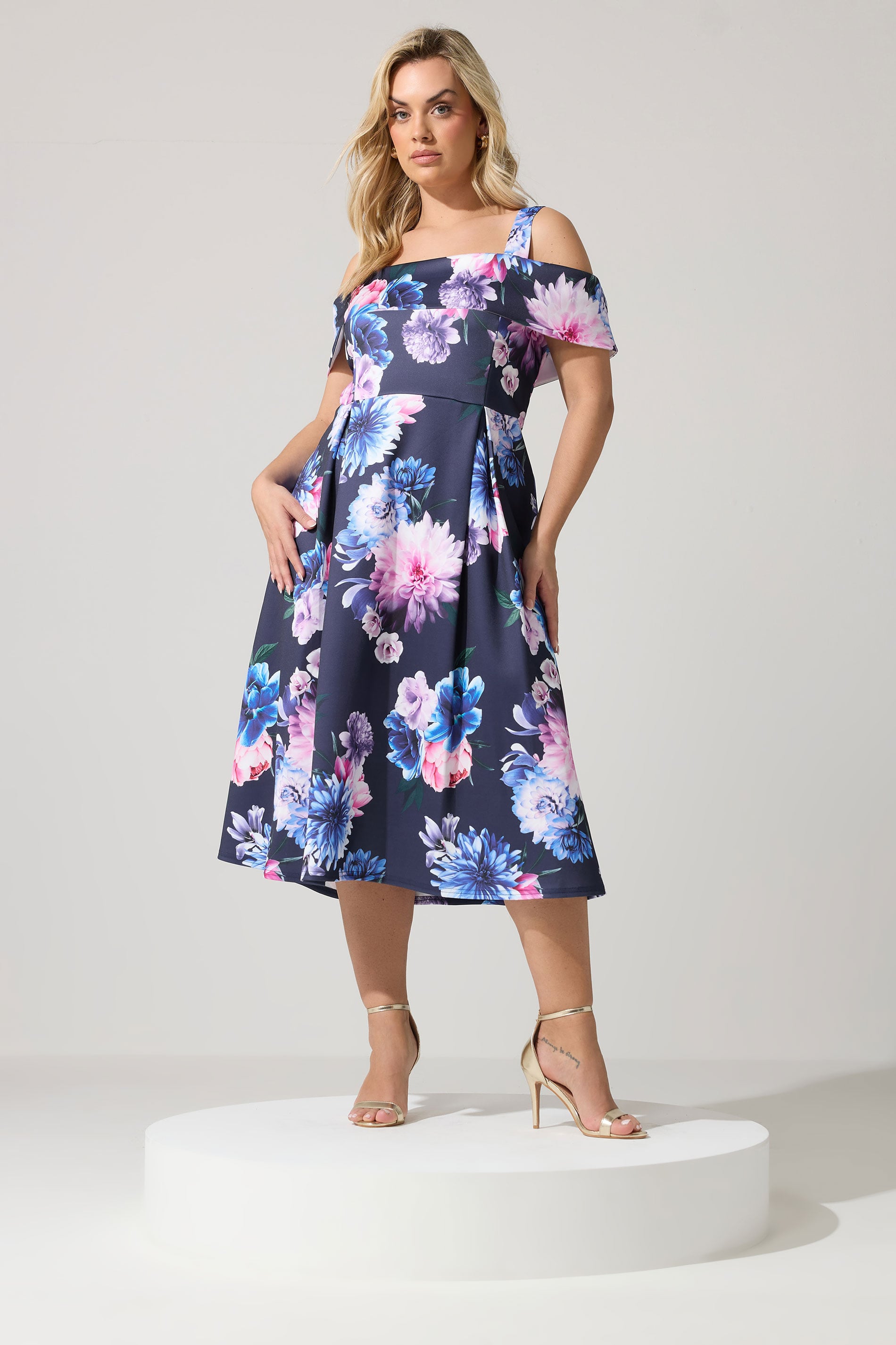 YOURS LONDON Plus Size Navy Blue Cold Shoulder Floral Skater Dress | Yours Clothing 3