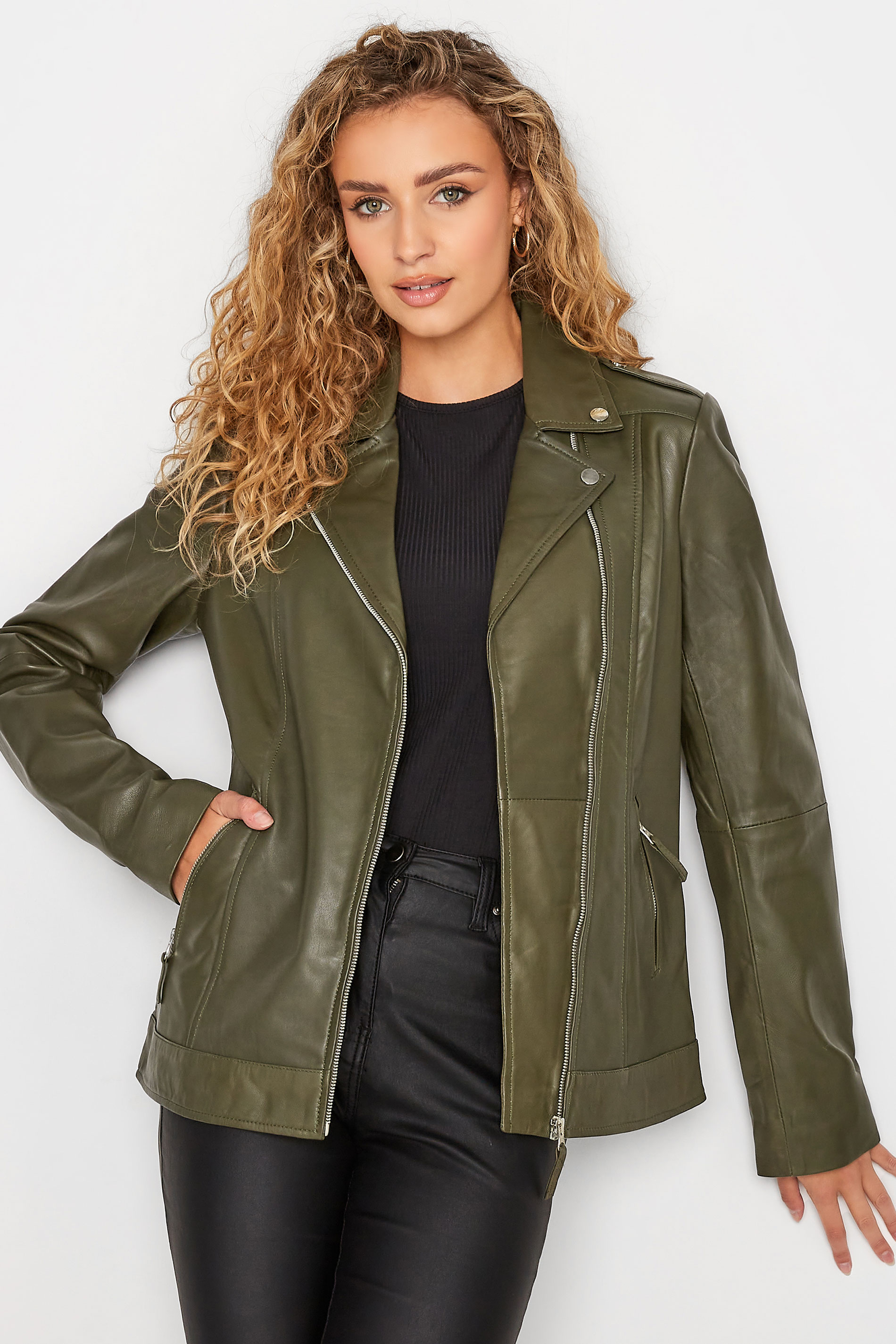LTS Tall Women's Khaki Green Leather Biker Jacket | Long Tall Sally 1