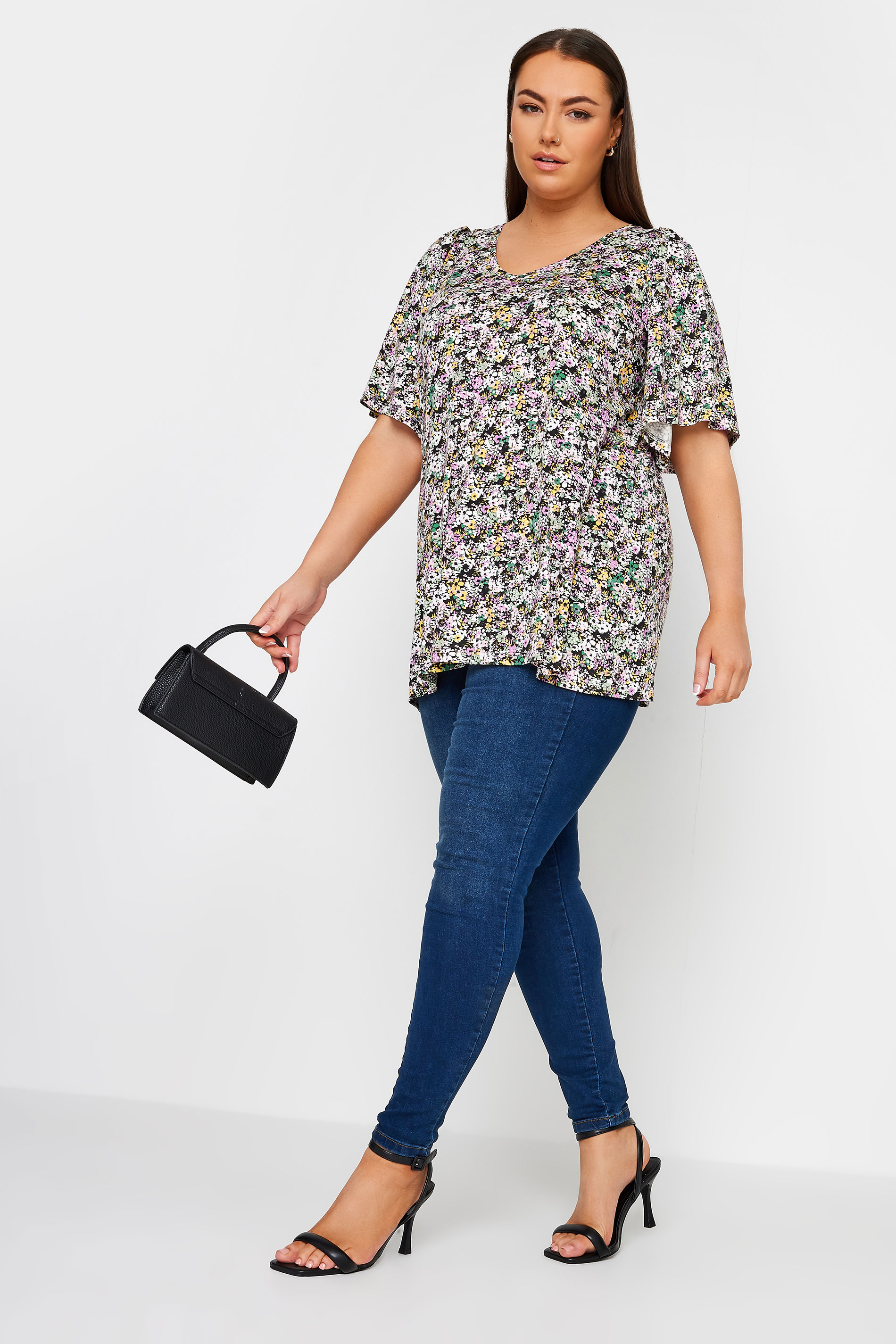 YOURS Plus Size Purple Floral Print Angel Sleeve Top | Yours Clothing 2