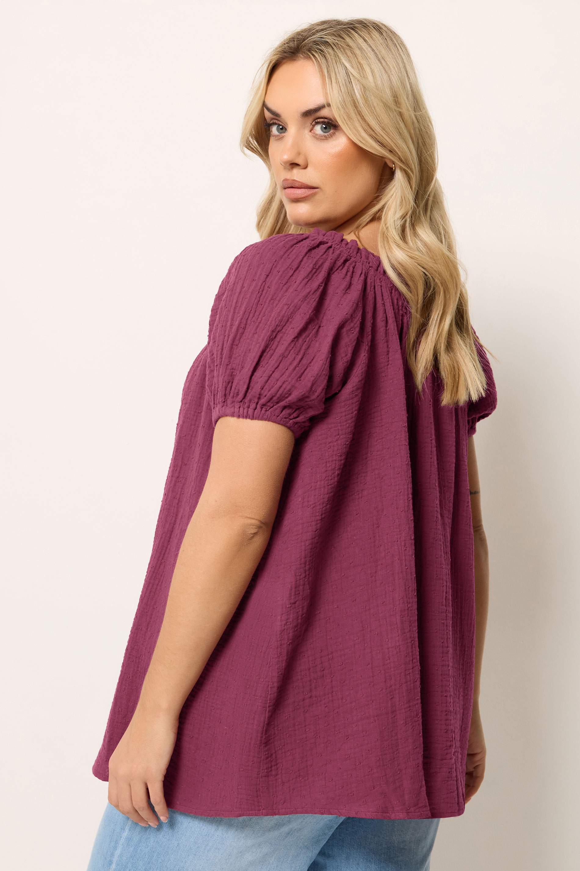 YOURS Plus Size Burgundy Red Dobby Bardot Cheesecloth Top | Yours Clothing 2
