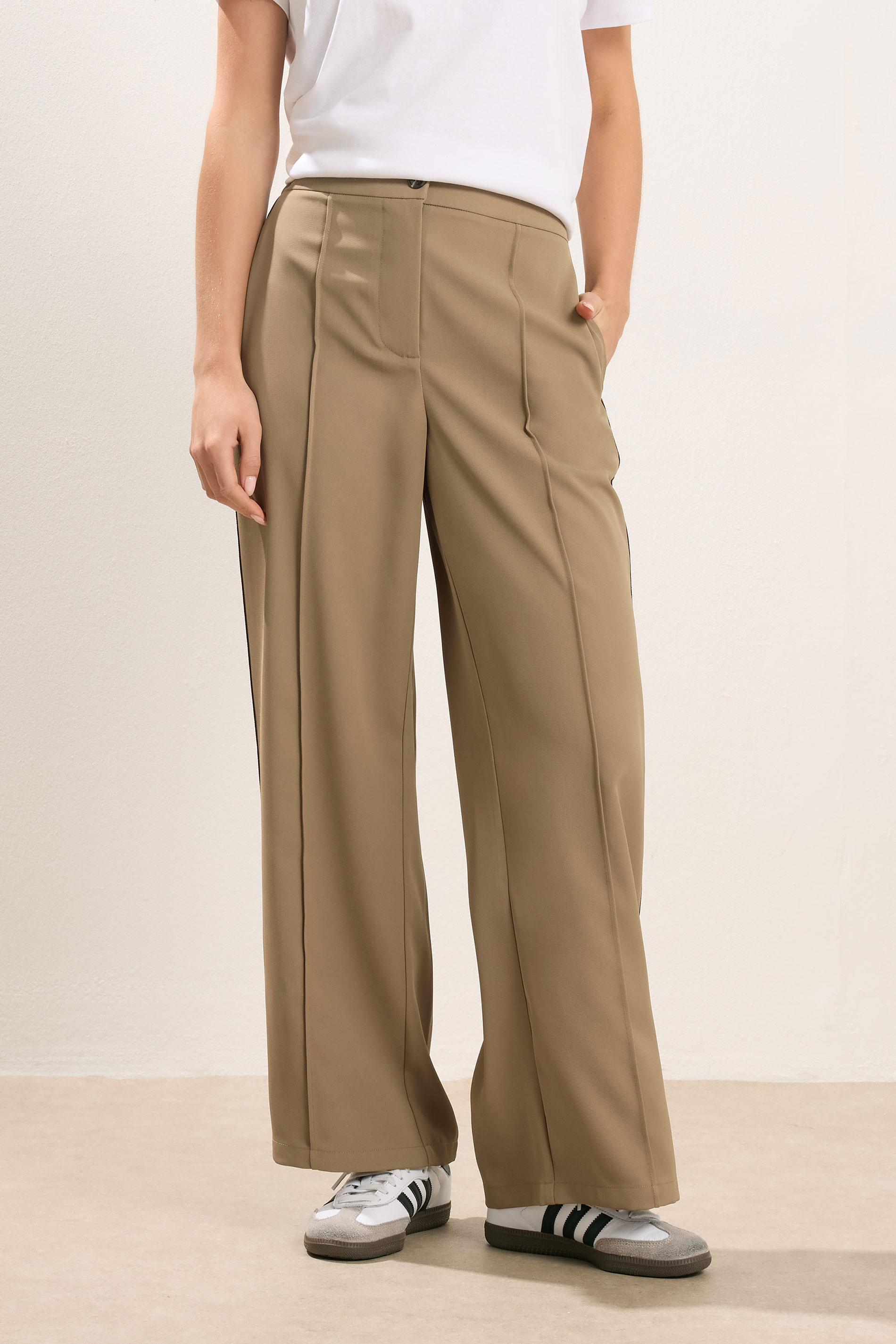 PixieGirl Petite Women's Mocha Brown Side Stripe Wide Leg Trousers | PixieGirl 2