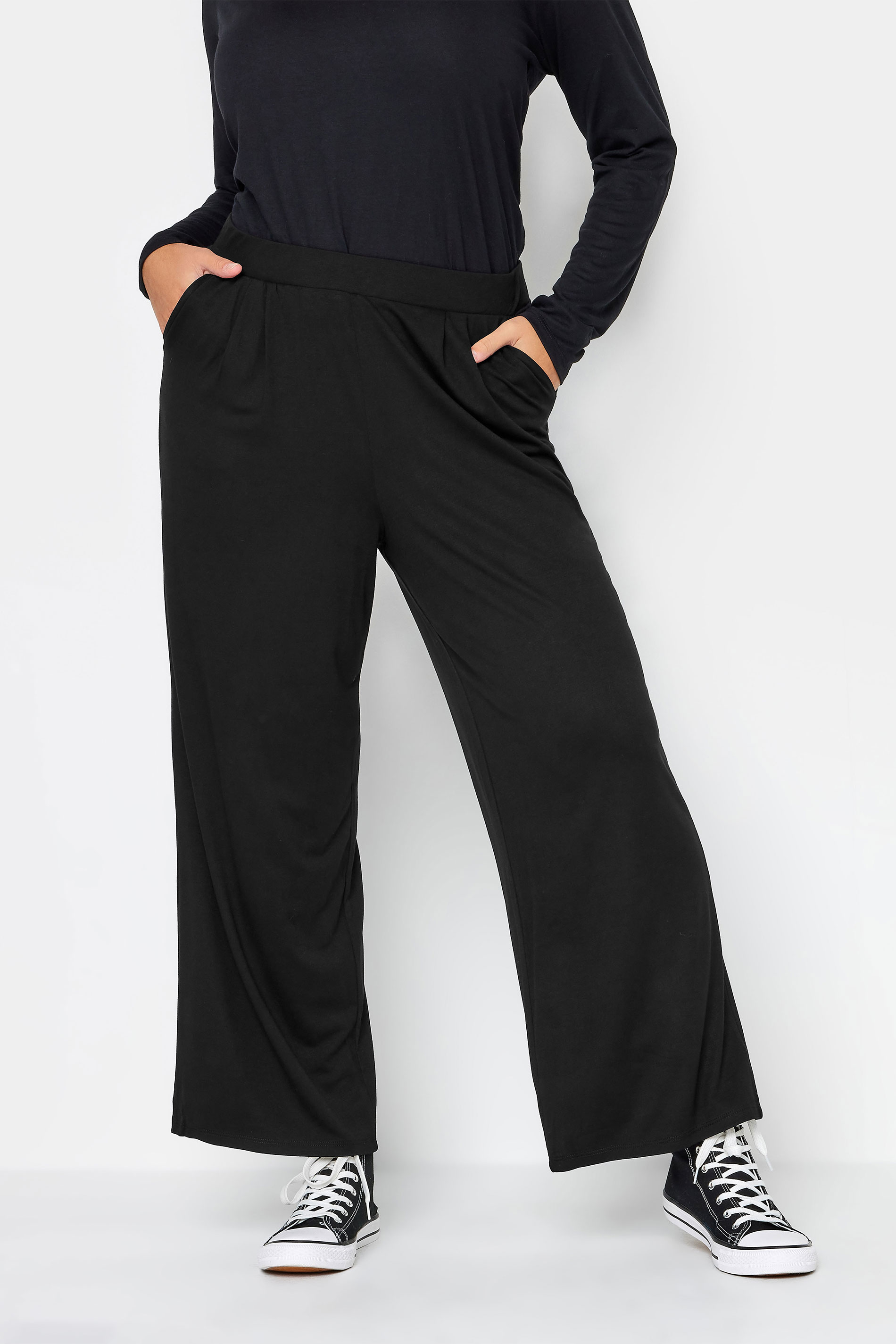 YOURS Curve Plus Size Black Pleated Wide Leg Stretch Trousers | Yours Clothing  1