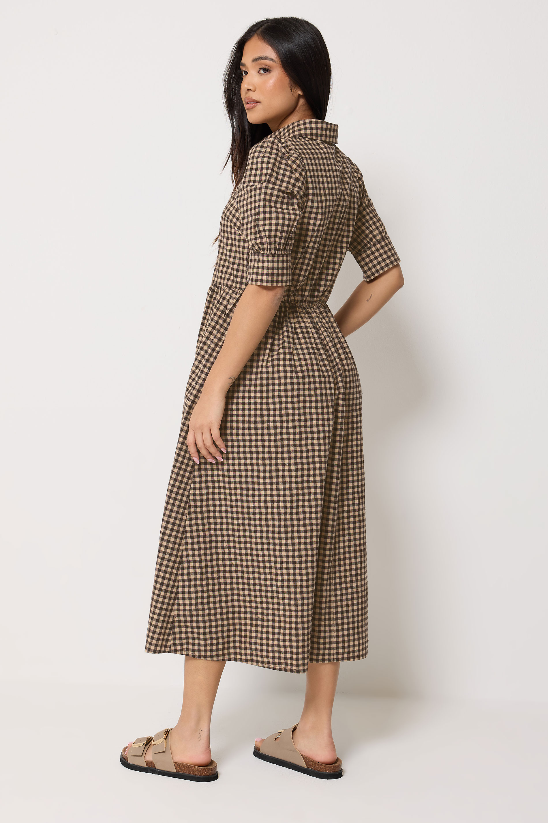 PixieGirl Petite Women's Brown Gingham Print Cotton Shirt Midi Dress | PixieGirl 2