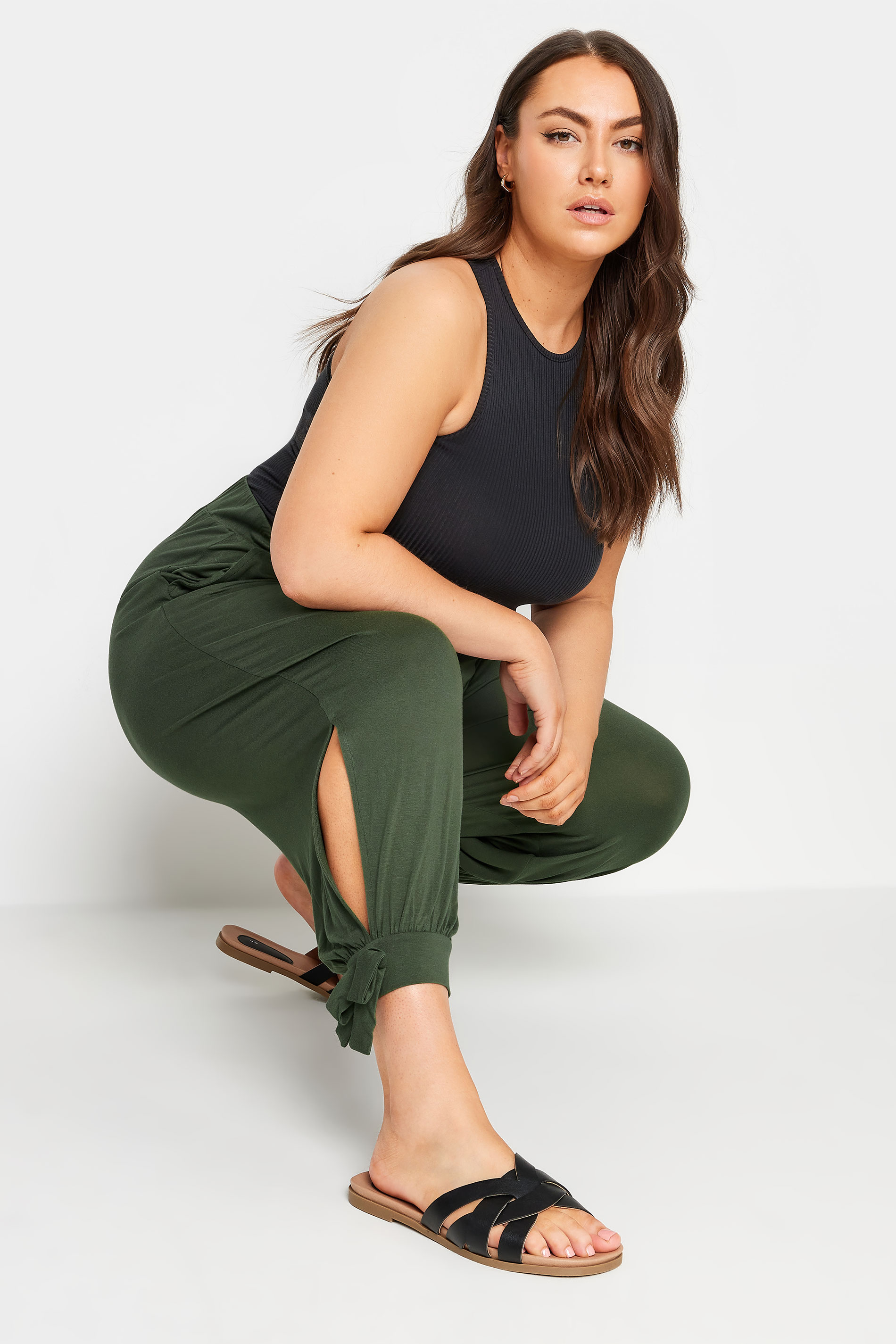 YOURS Plus Size Khaki Green Cropped Tie Detail Harem Trousers | Yours Clothing 2
