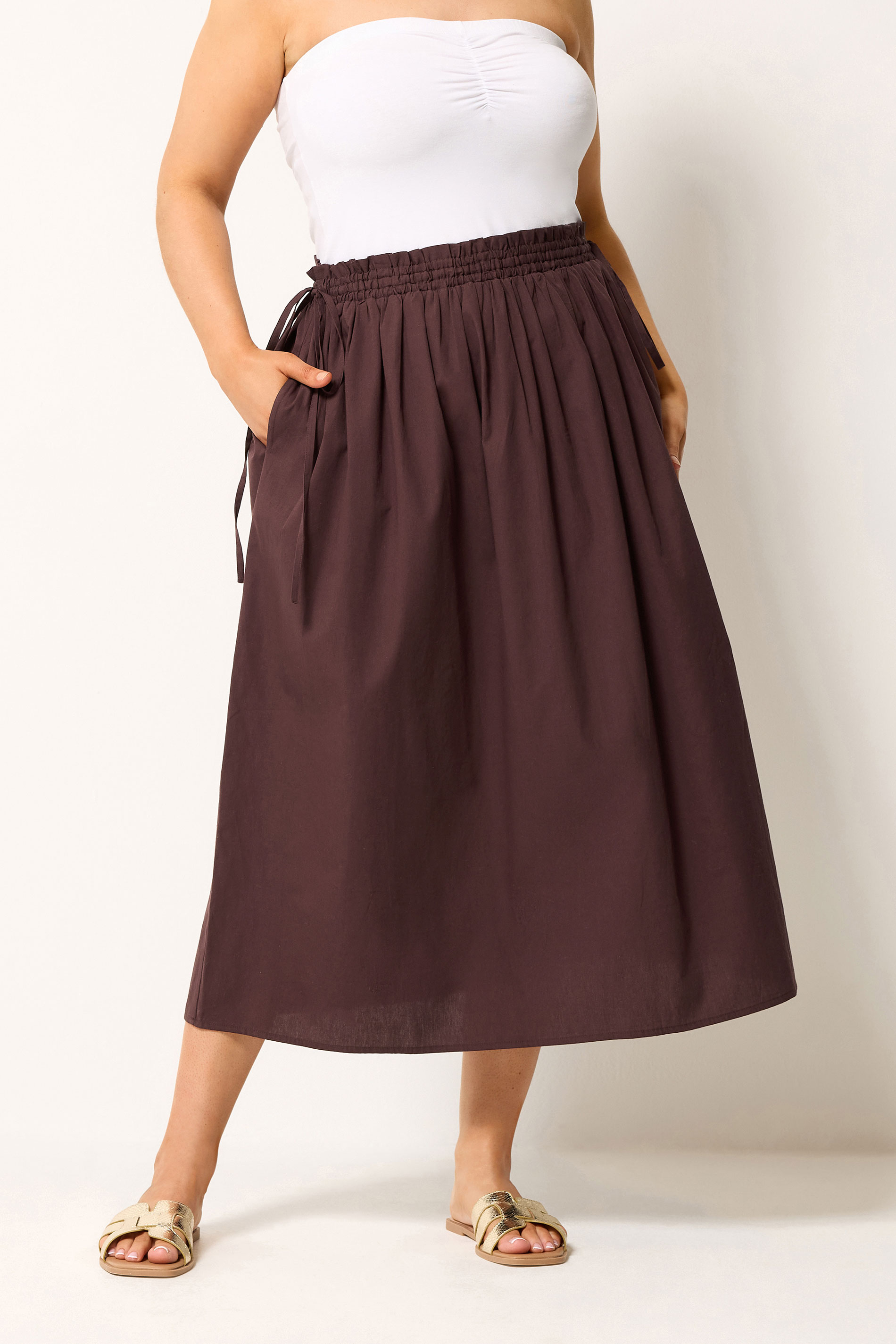 YOURS Plus Size Chocolate Brown Poplin Midi Skirt | Yours Clothing 3