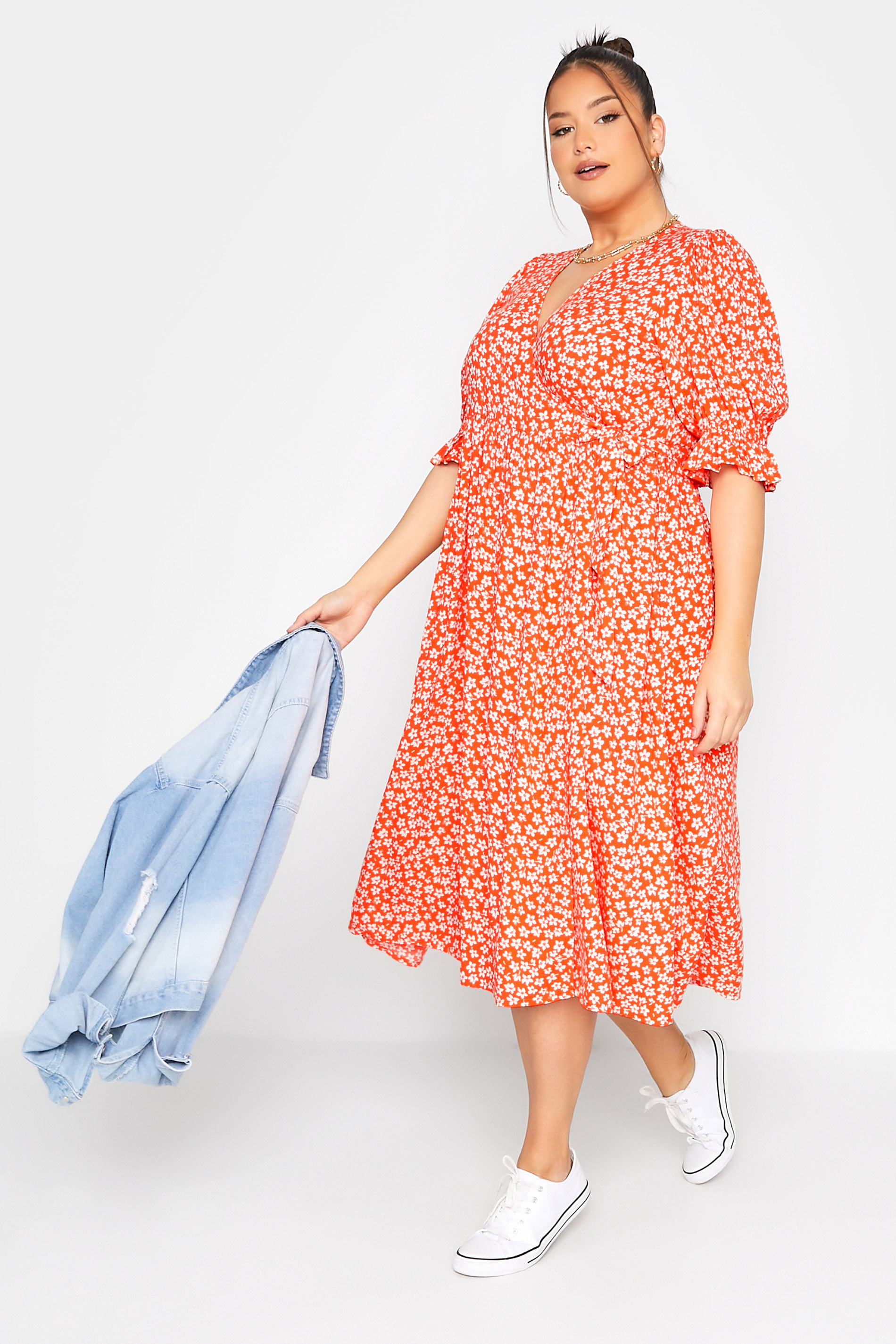 LIMITED COLLECTION Plus Size Women's Orange Ditsy Wrap Dress | Yours Clothing 1