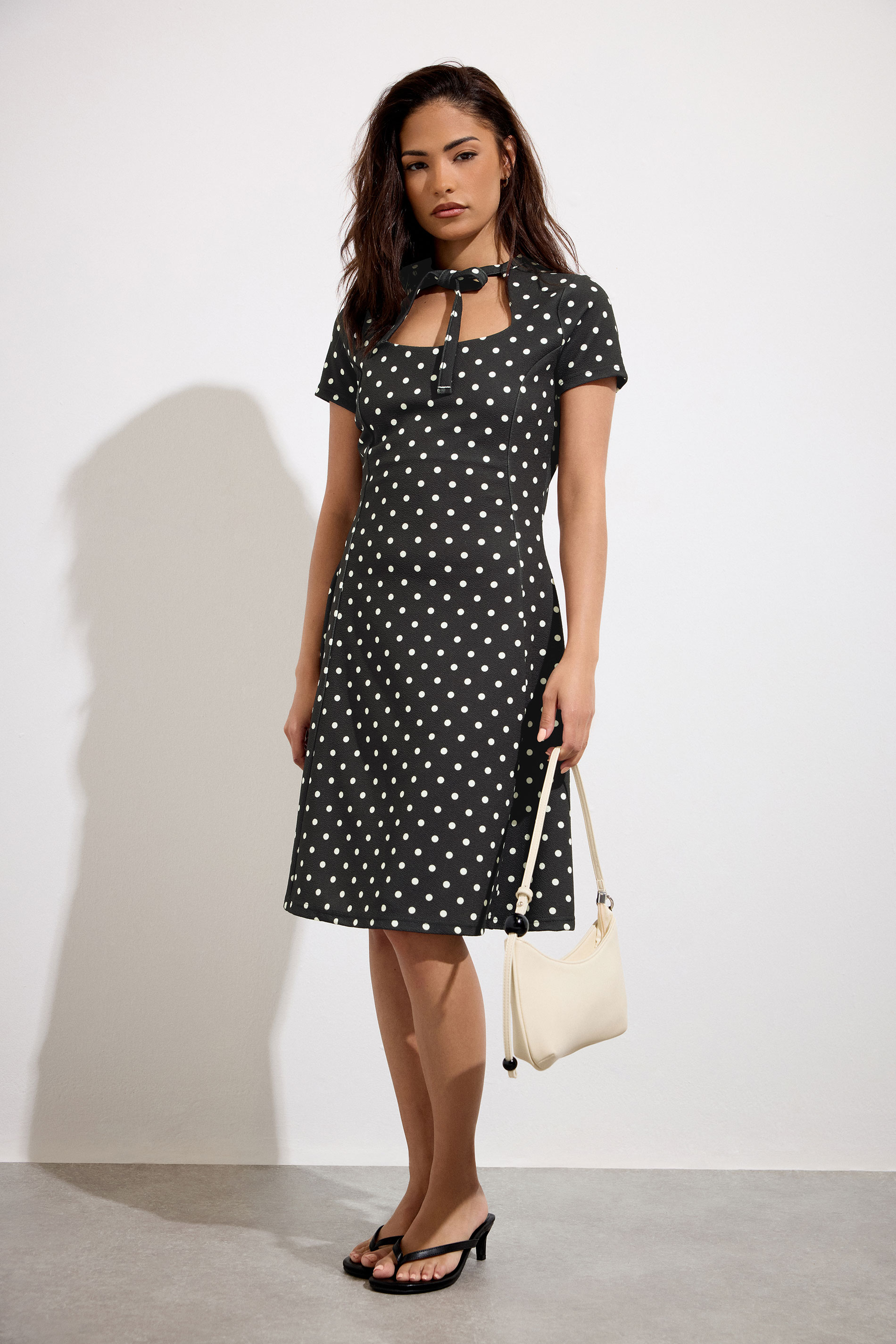 PixieGirl Petite Women's Black Polka Dot Tie Detail Mini Dress | PixieGirl 1