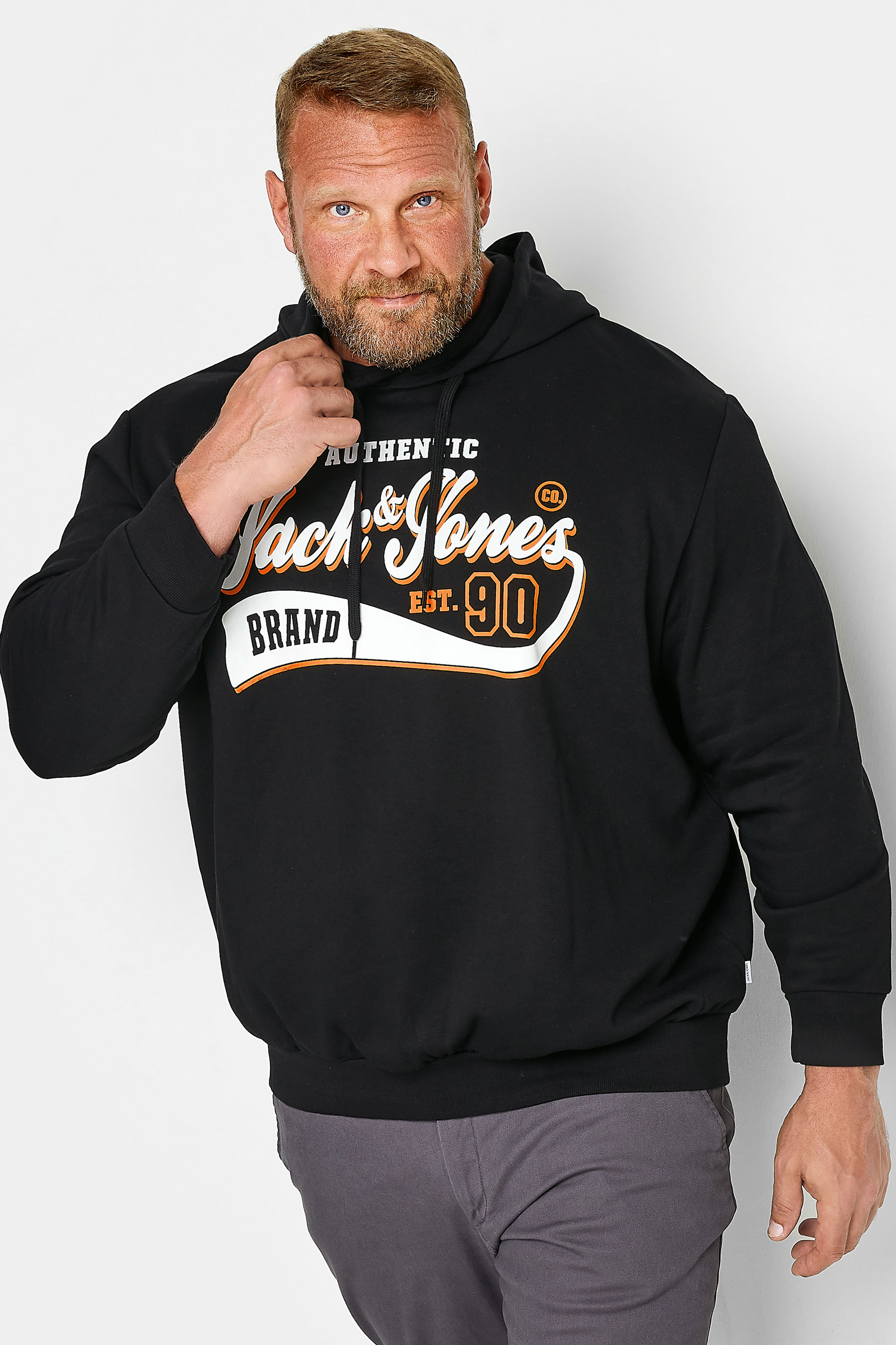JACK & JONES Big & Tall Black Logo Print Hooded Sweatshirt | BadRhino 1