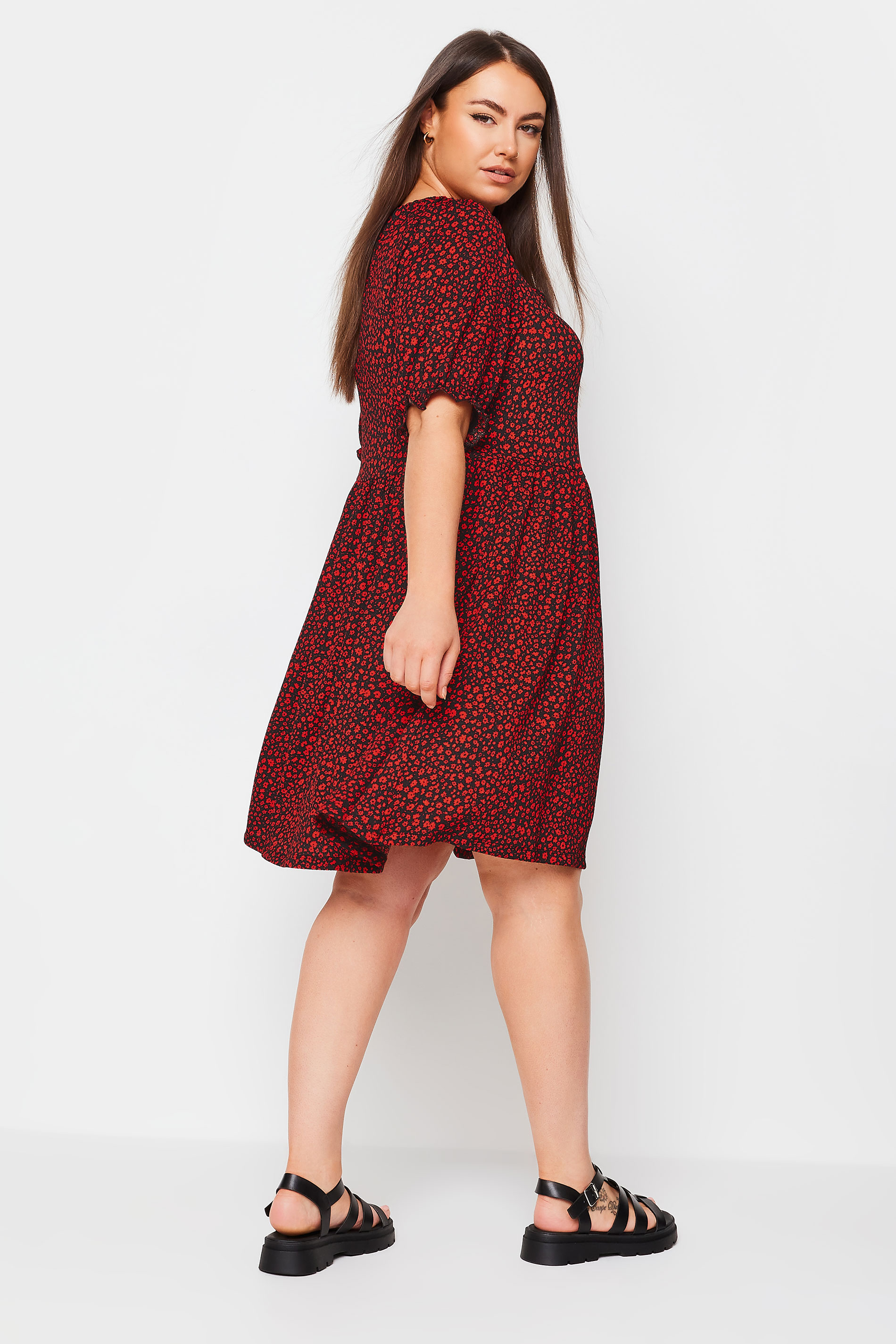 YOURS Plus Size Red Ditsy Floral Print Textured Smock Dress | Yours Clothing 3