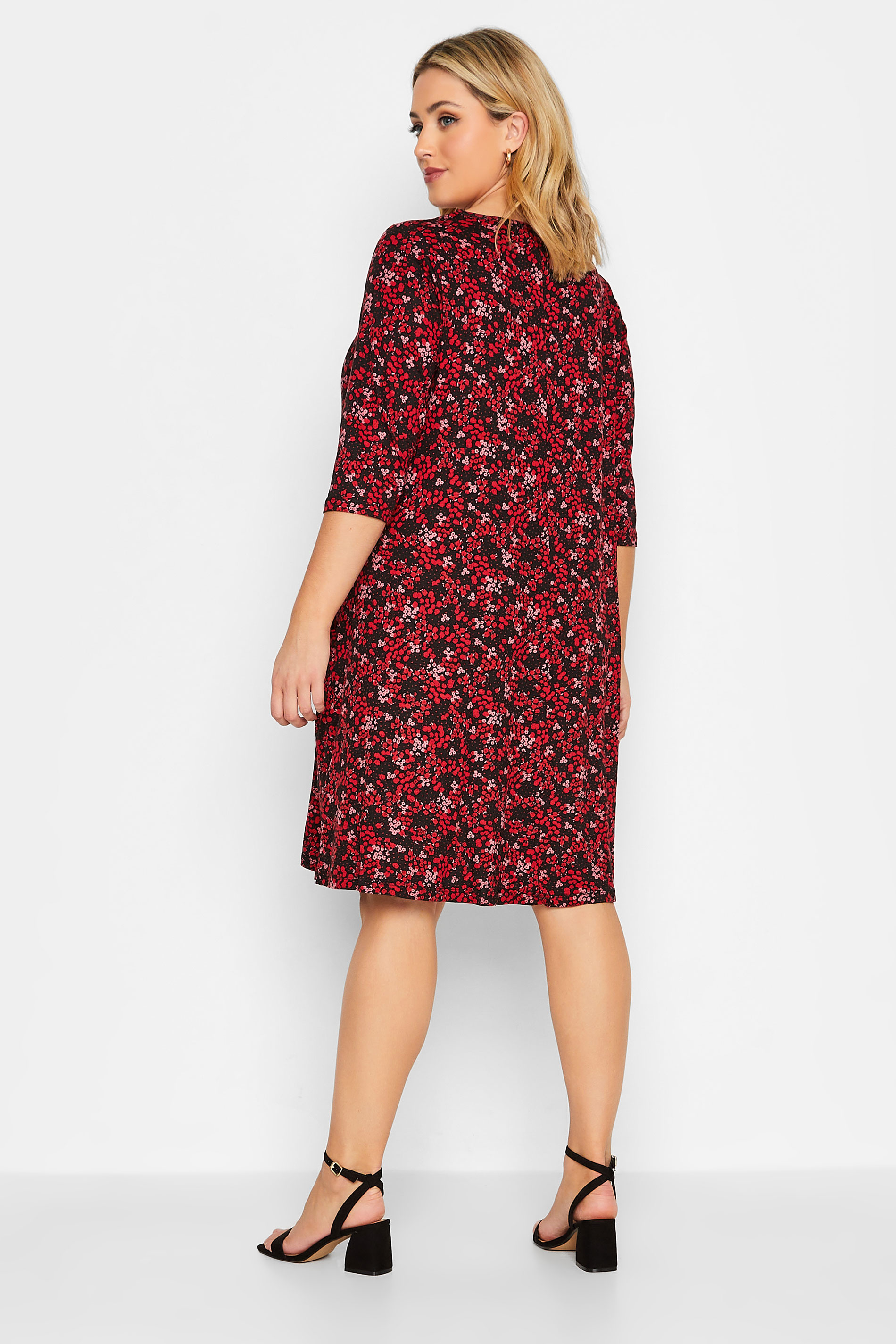 Plus Size Red Ditsy Print Drape Pocket Dress | Yours Clothing 3