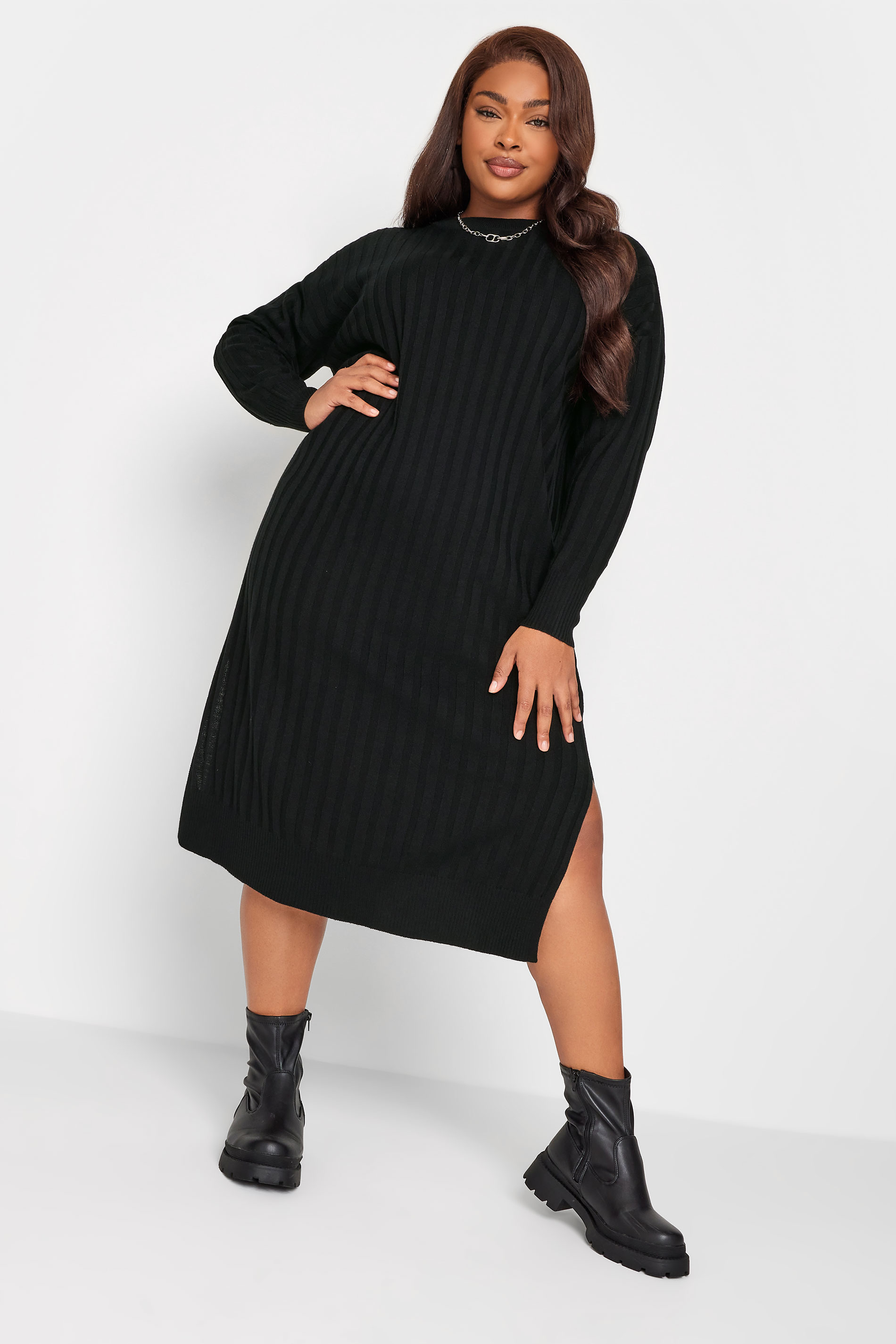 YOURS Curve Black Ribbed Midi Knitted Jumper Dress 1
