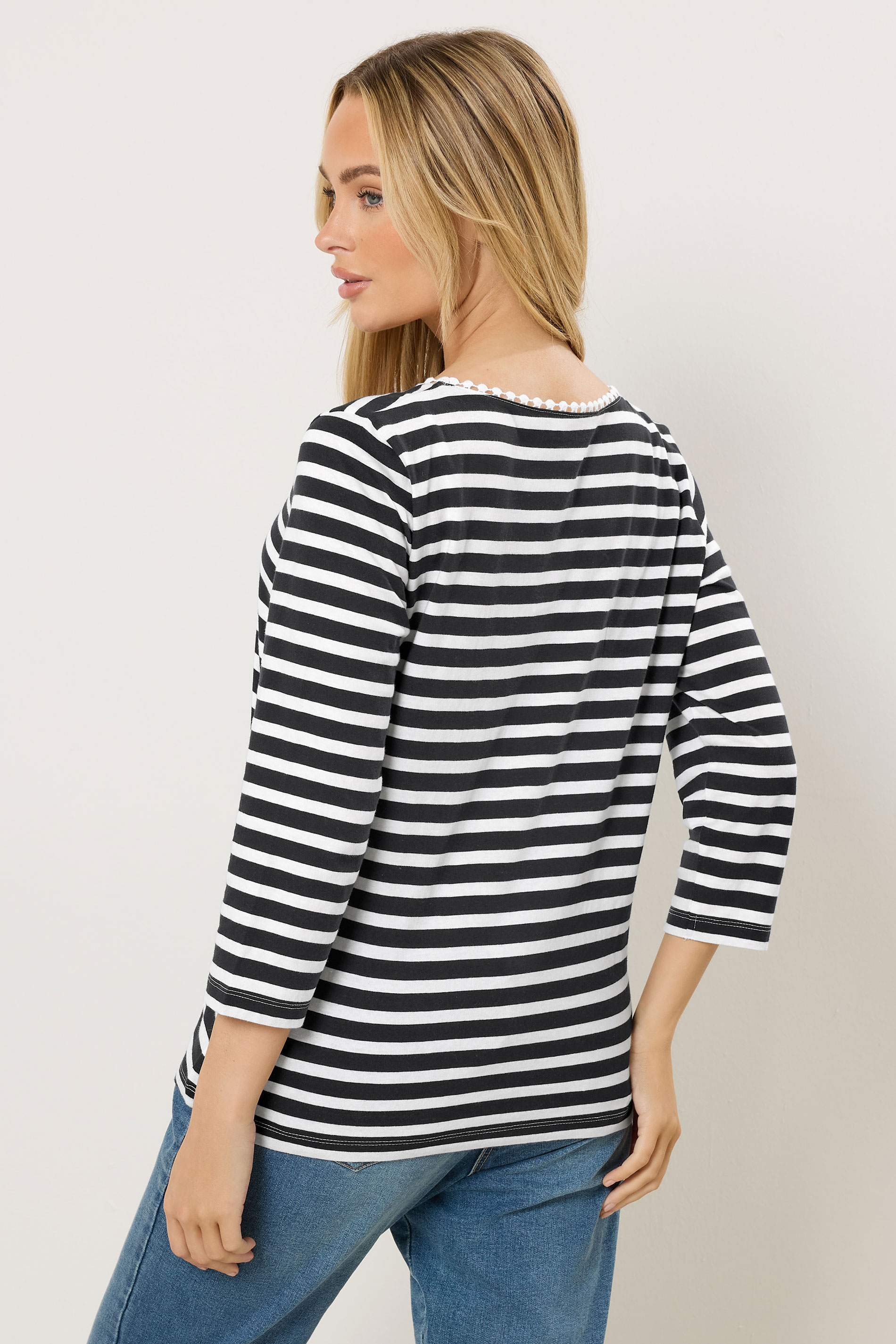 M&Co Navy Blue Stripe Cotton Neck Trim Top | M&Co 2