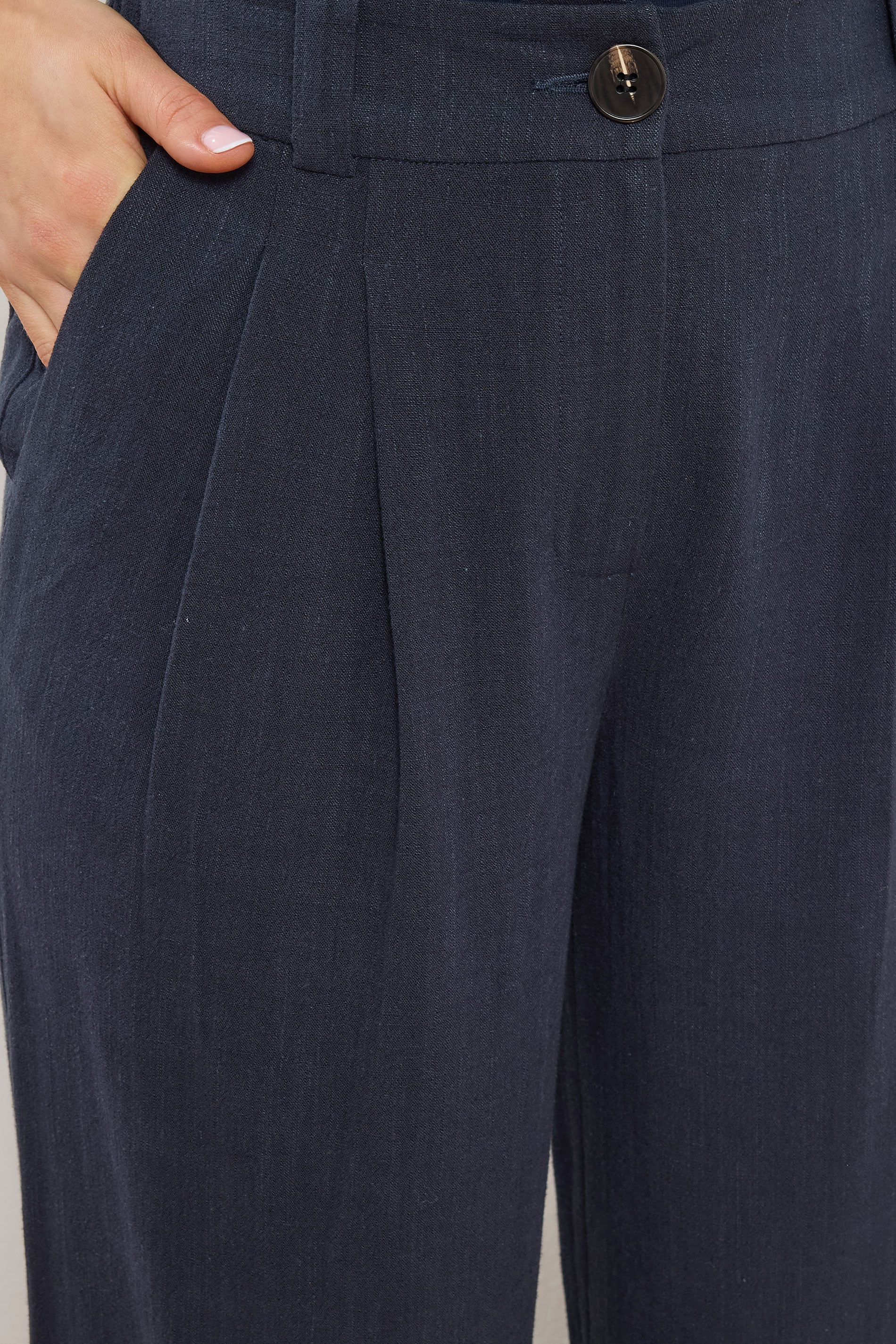 LTS Tall Women's Navy Blue Linen Pleated Wide Leg Trousers | Long Tall Sally 2