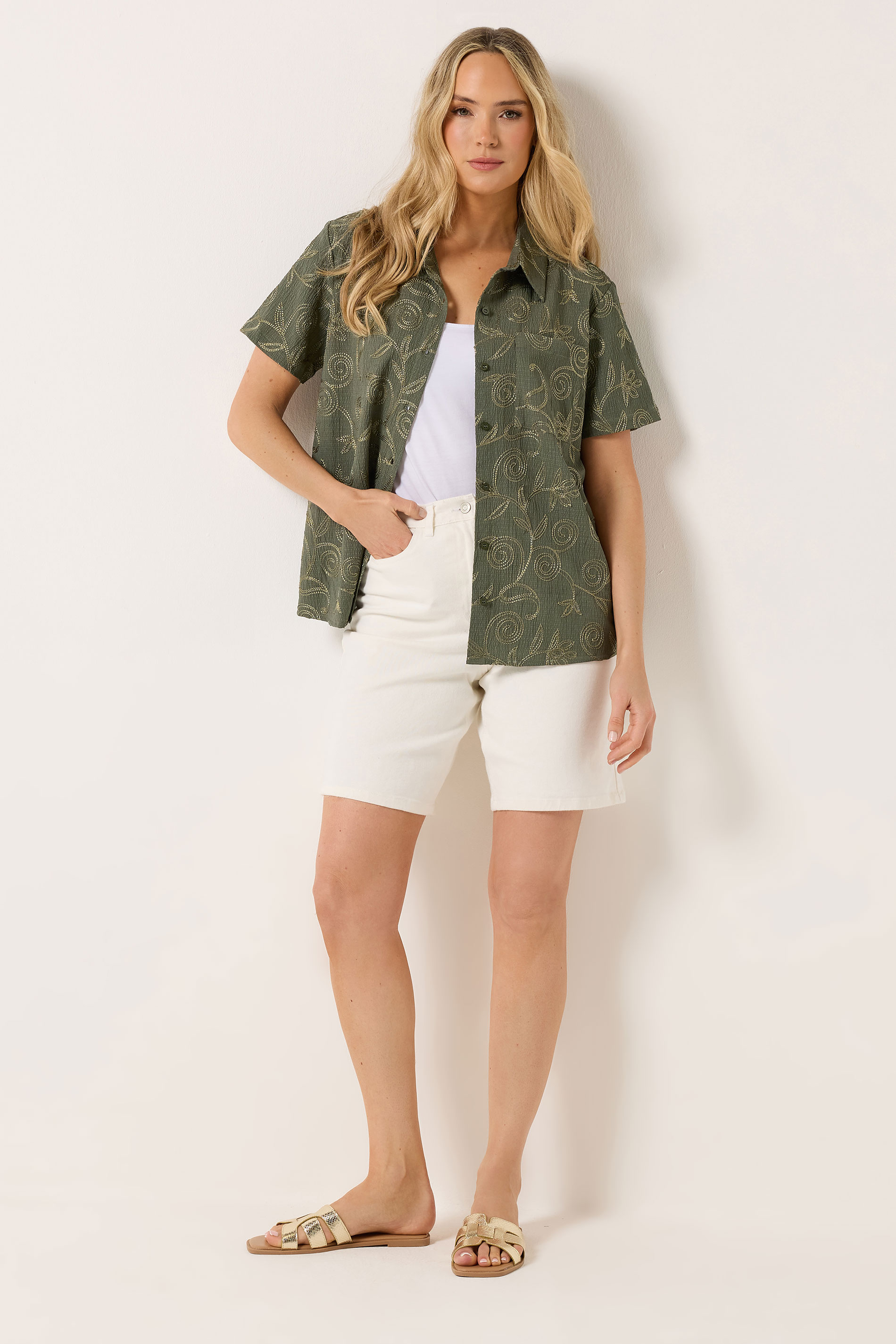 LTS Tall Women's Olive Green Floral Embroidered Shirt | Long Tall Sally 4