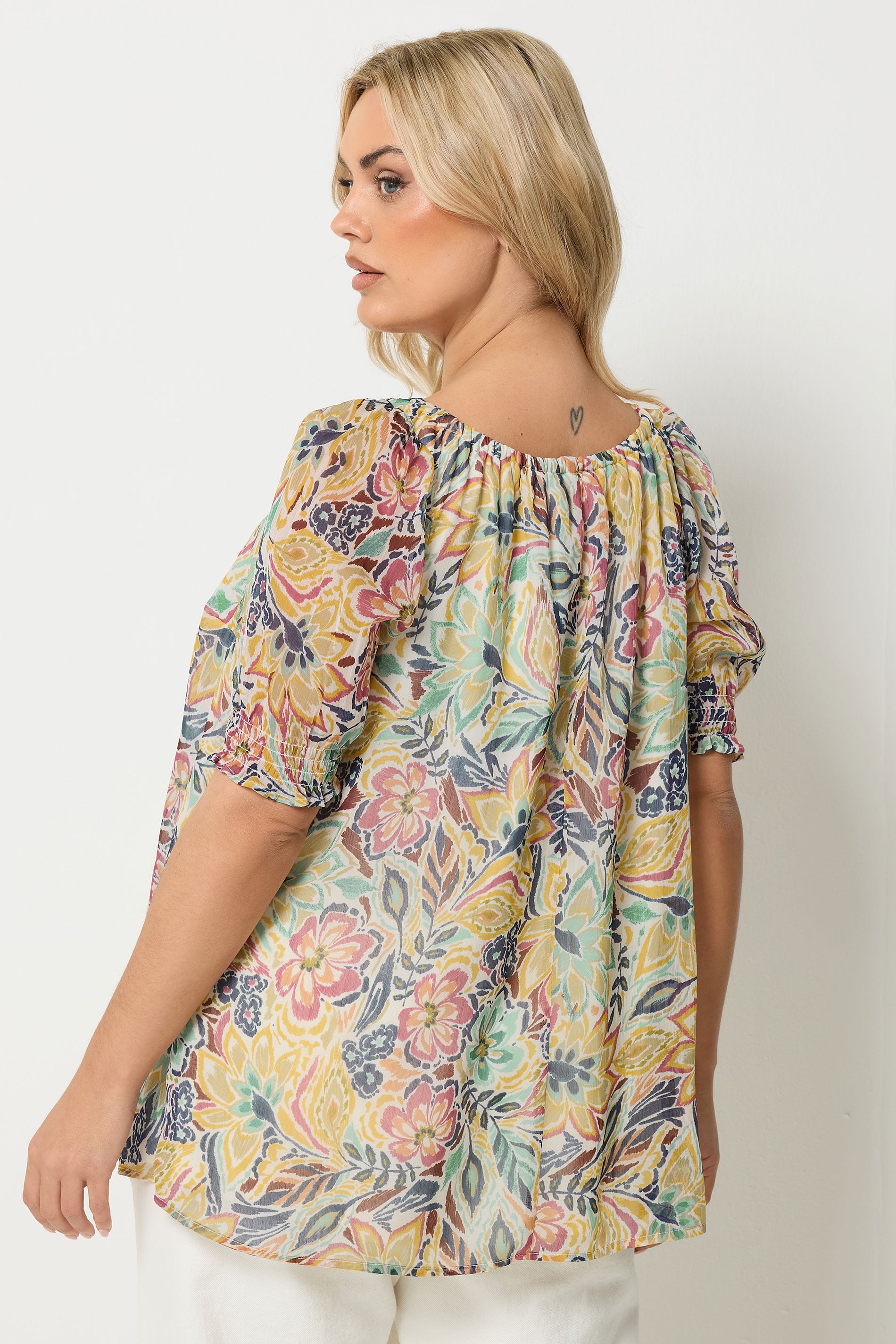 YOURS Plus Size Yellow Abstract Tie Neck Blouse | Yours Clothing 3