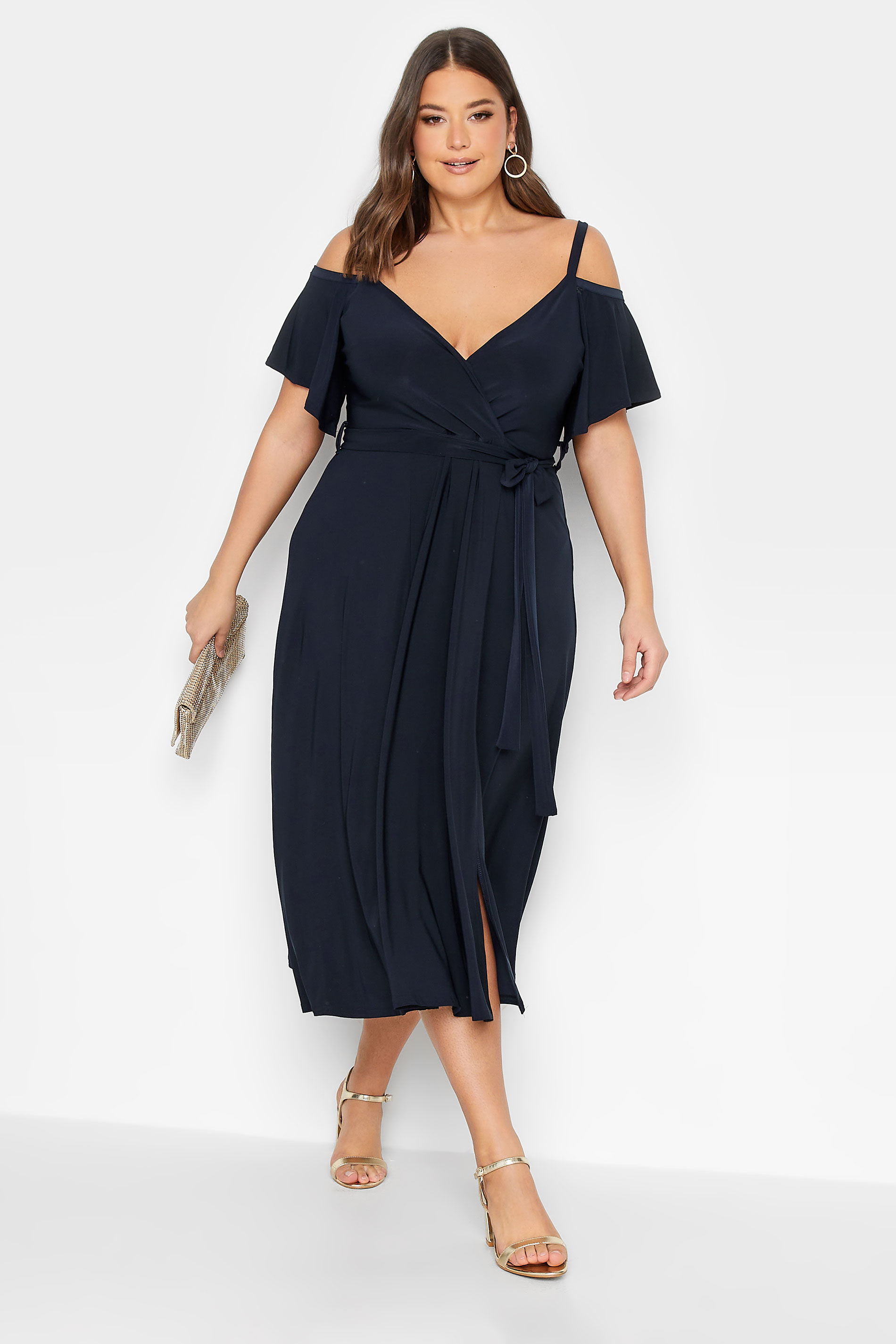 YOURS LONDON Plus Size Navy Blue Cold Shoulder Wrap Dress | Yours Clothing 2