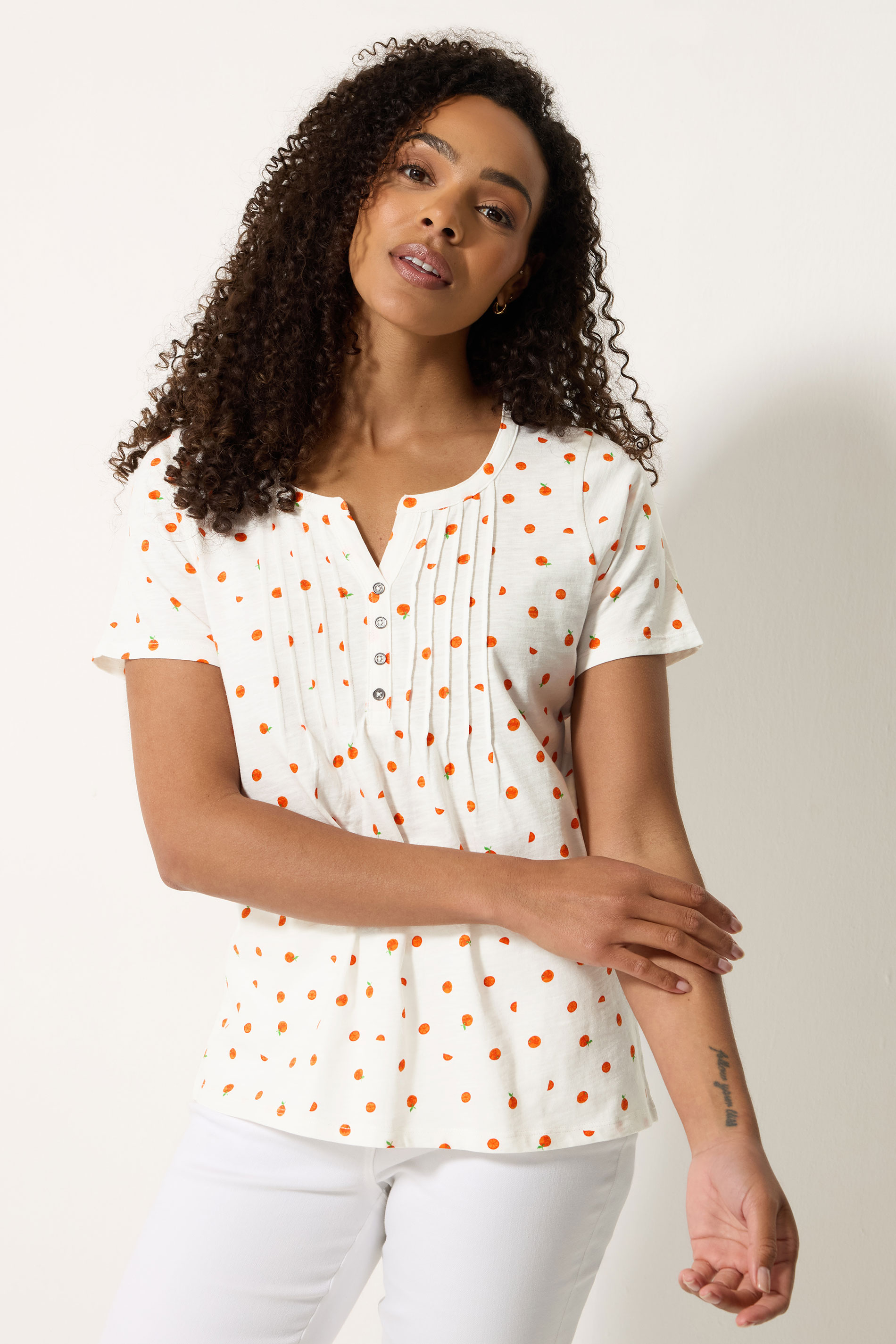 M&Co White Oranges Print Cotton Henley Top | M&Co 3