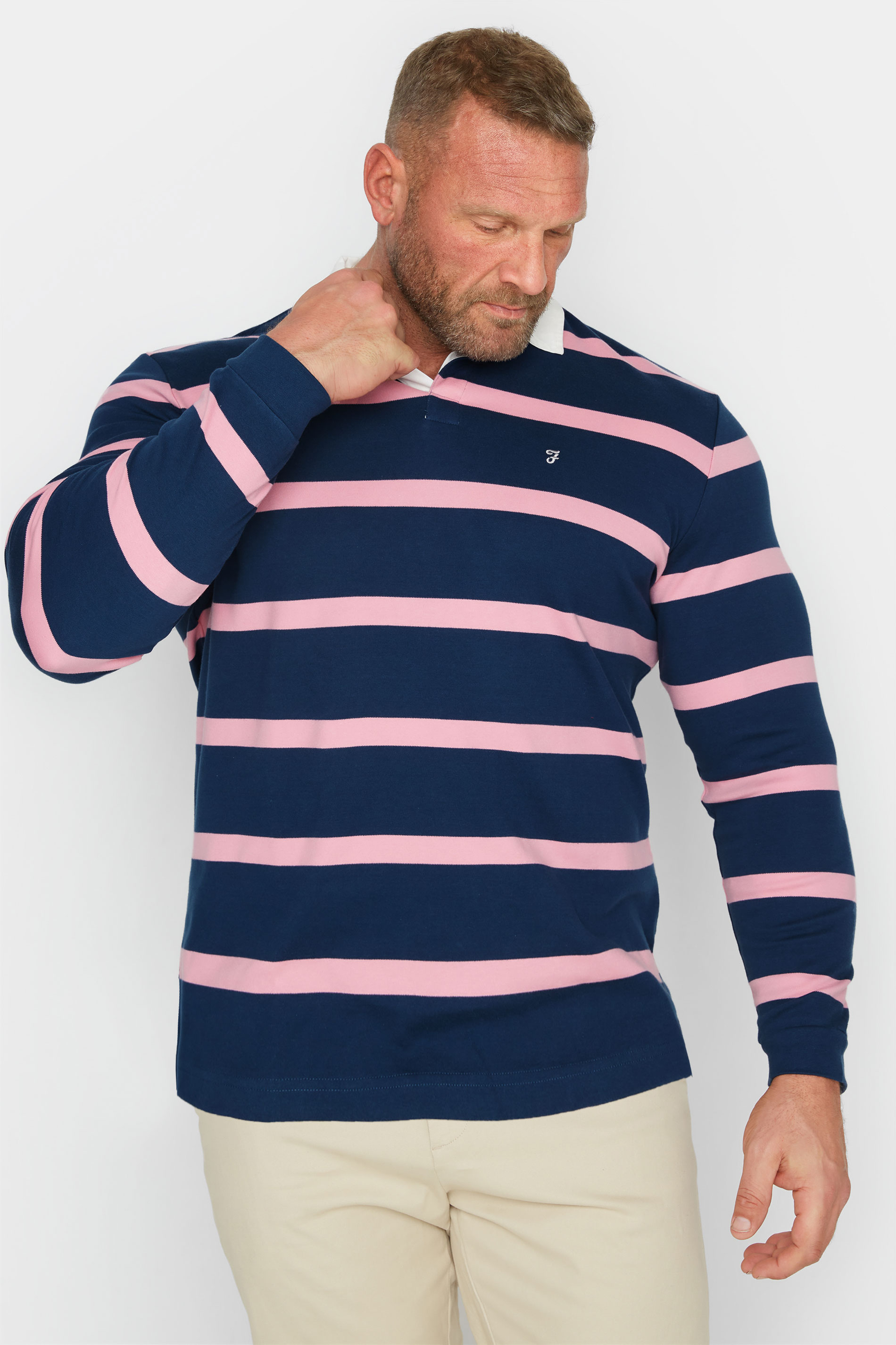 FARAH Big & Tall Navy Blue Stripe Polo Shirt 1