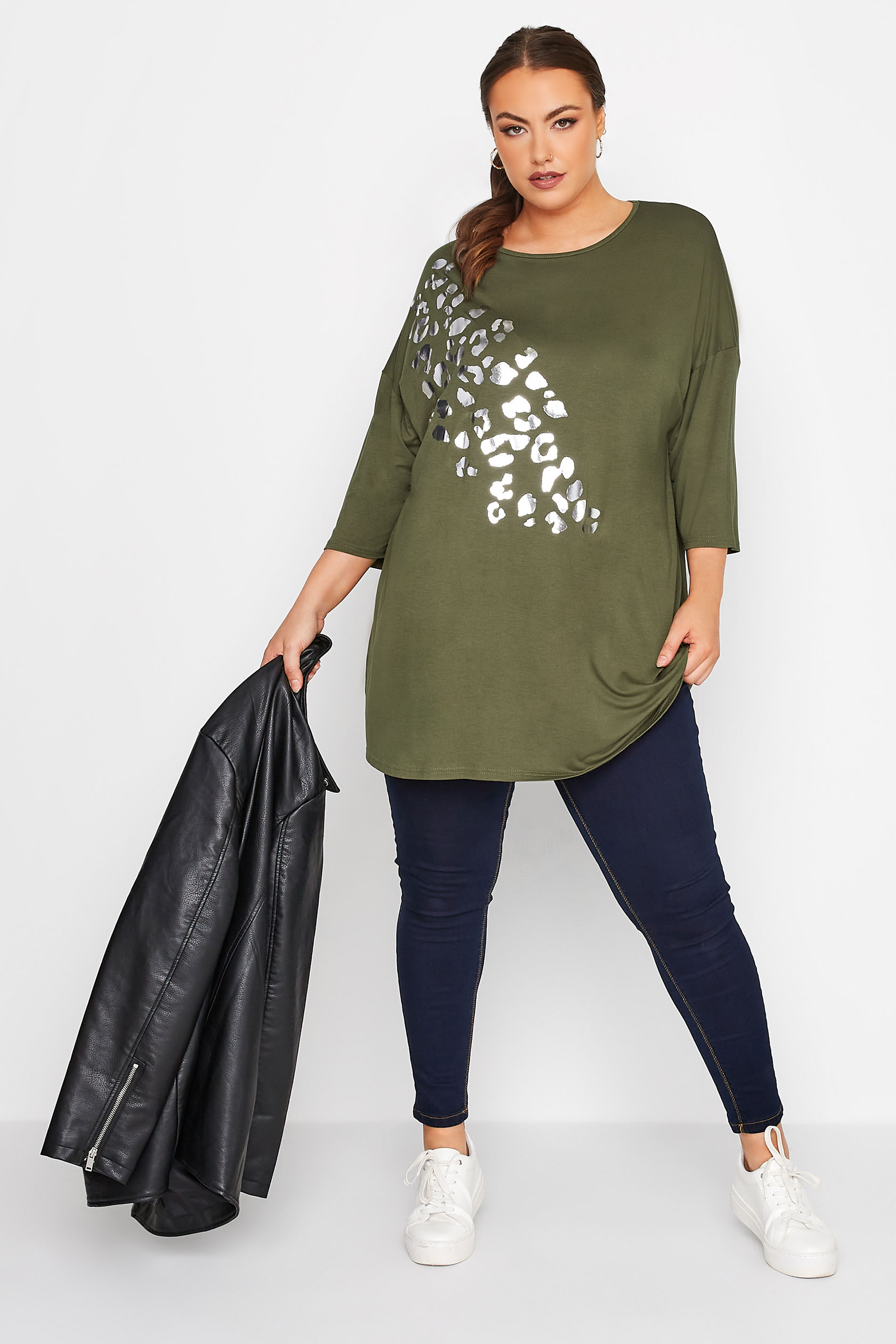Plus Size LIMITED COLLECTION Khaki Green Foil Leopard Print Oversized T-Shirt | Yours Clothing  2