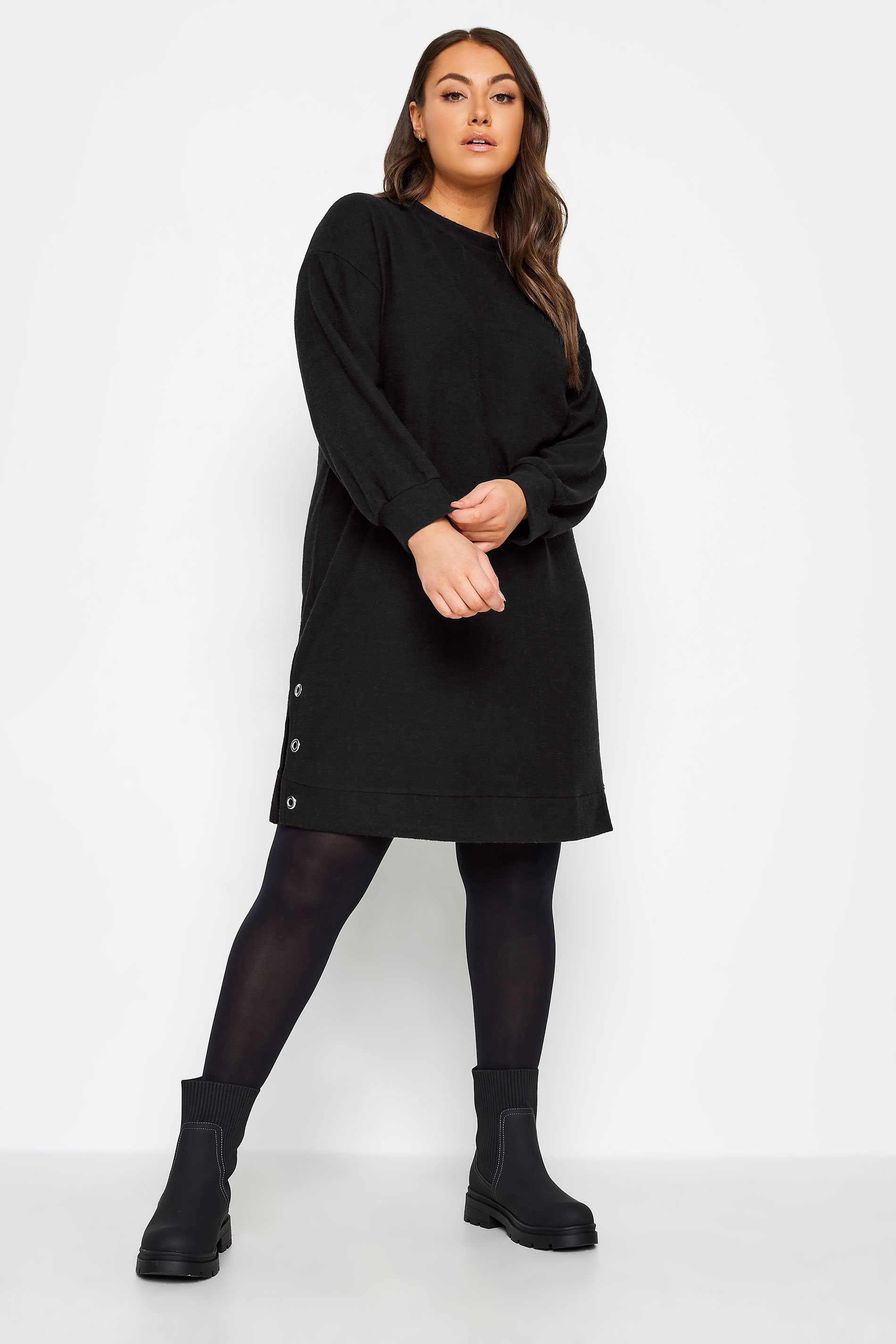 YOURS Plus Size Black Eyelet Detail Soft Touch Jumper Dress | Yours Clothing 1