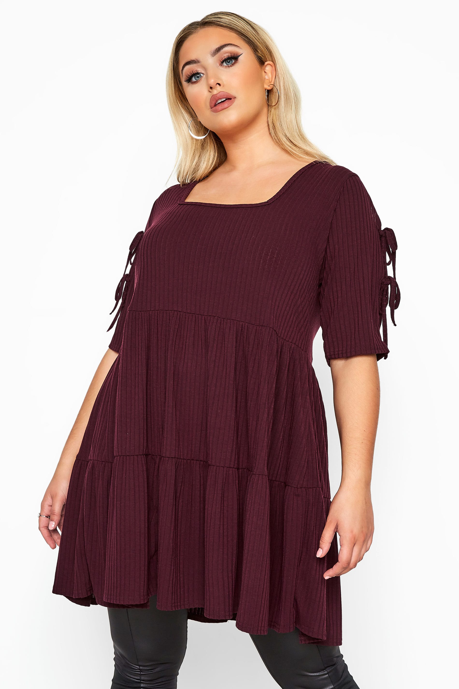 LIMITED COLLECTION Burgundy Ribbed Tie Sleeve Tiered Tunic Dress ...