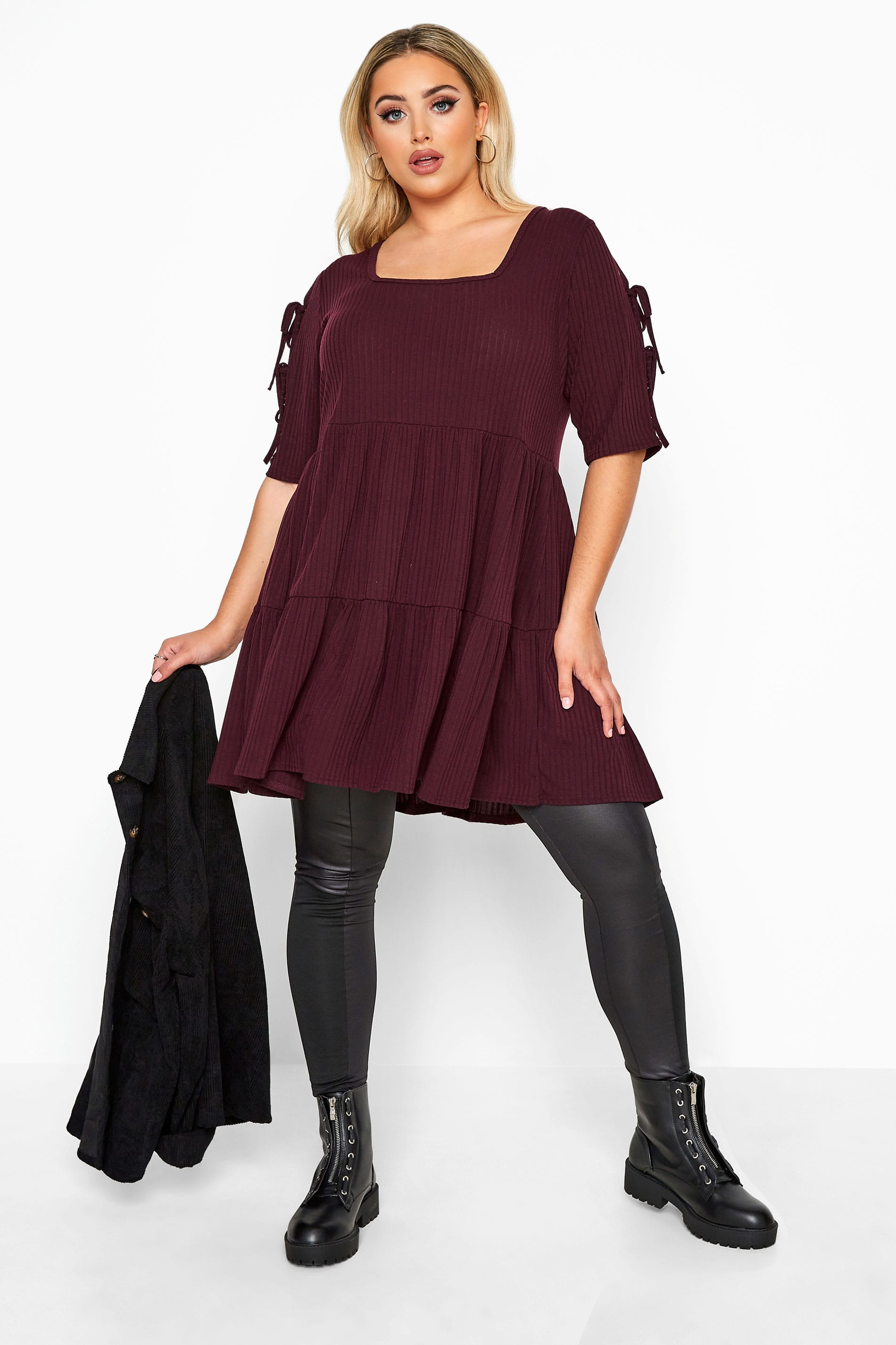 LIMITED COLLECTION Burgundy Ribbed Milkmaid Tiered Tunic Dress | Yours ...