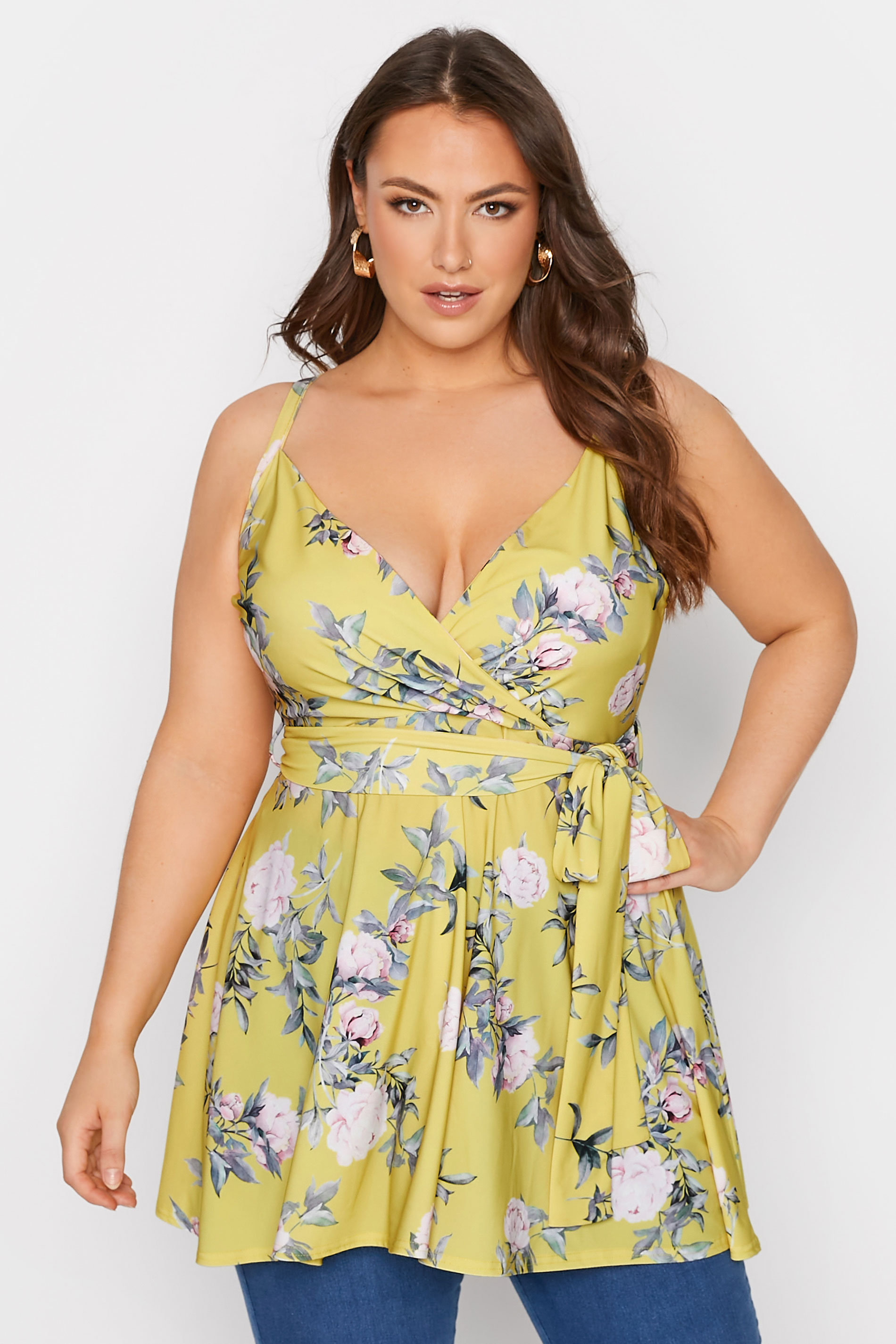YOURS LONDON Curve Yellow Floral Cami Wrap Top 1