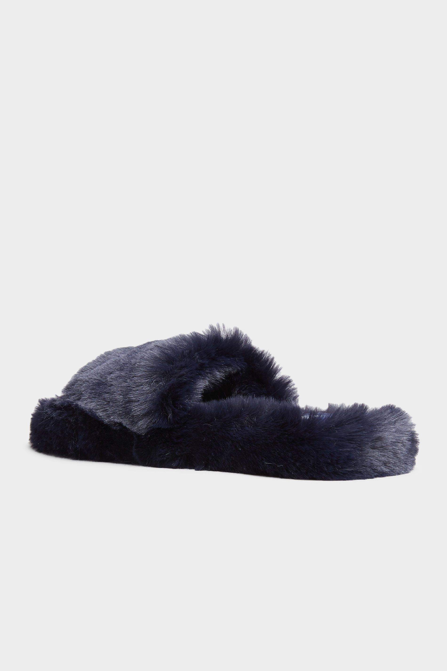 Navy Vegan Faux Fur Slippers In Regular Fit | Yours Clothing