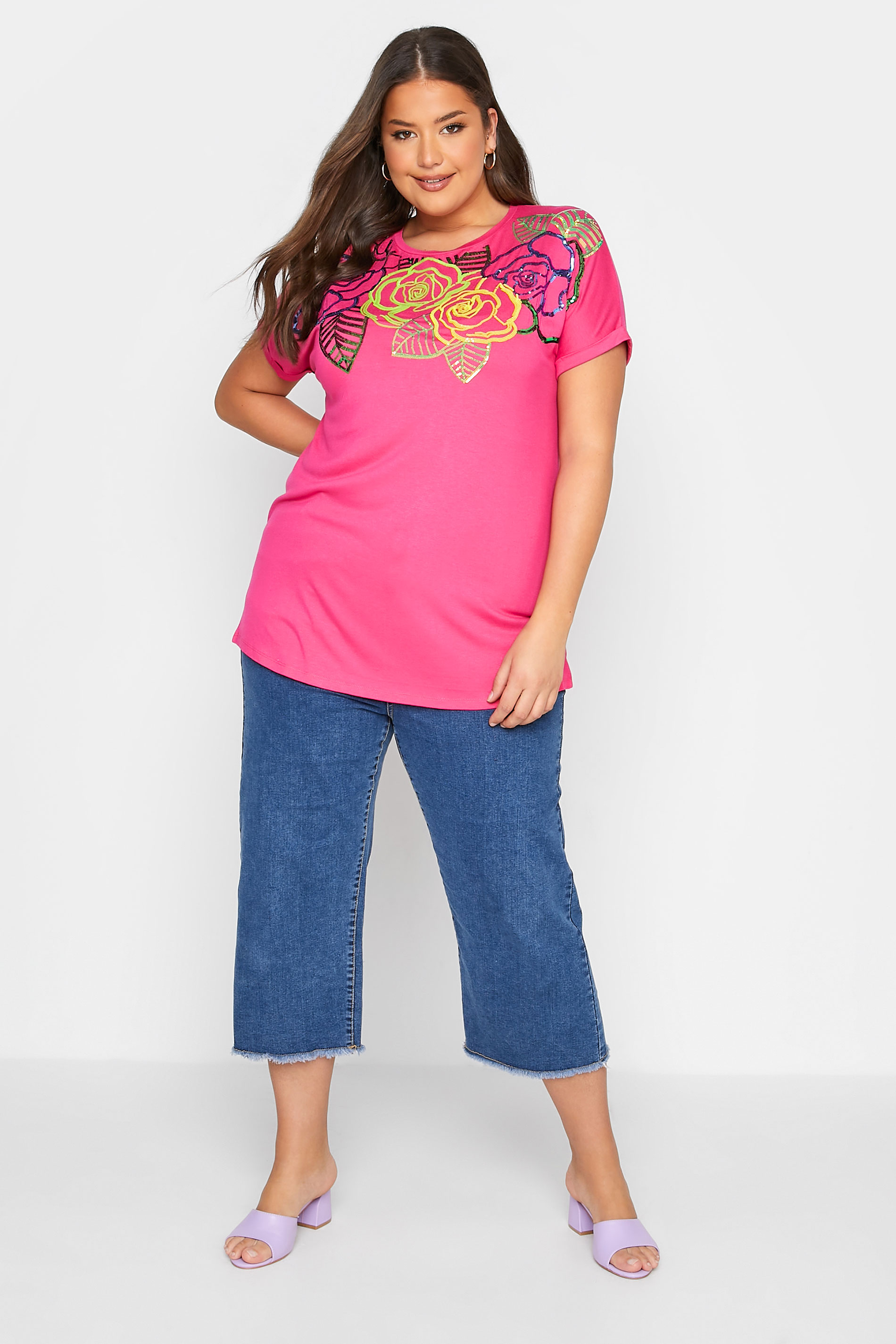 Grande taille  Tops Grande taille  T-Shirts | Curve Hot Pink Floral Embellished Sequin T-Shirt - GW12004