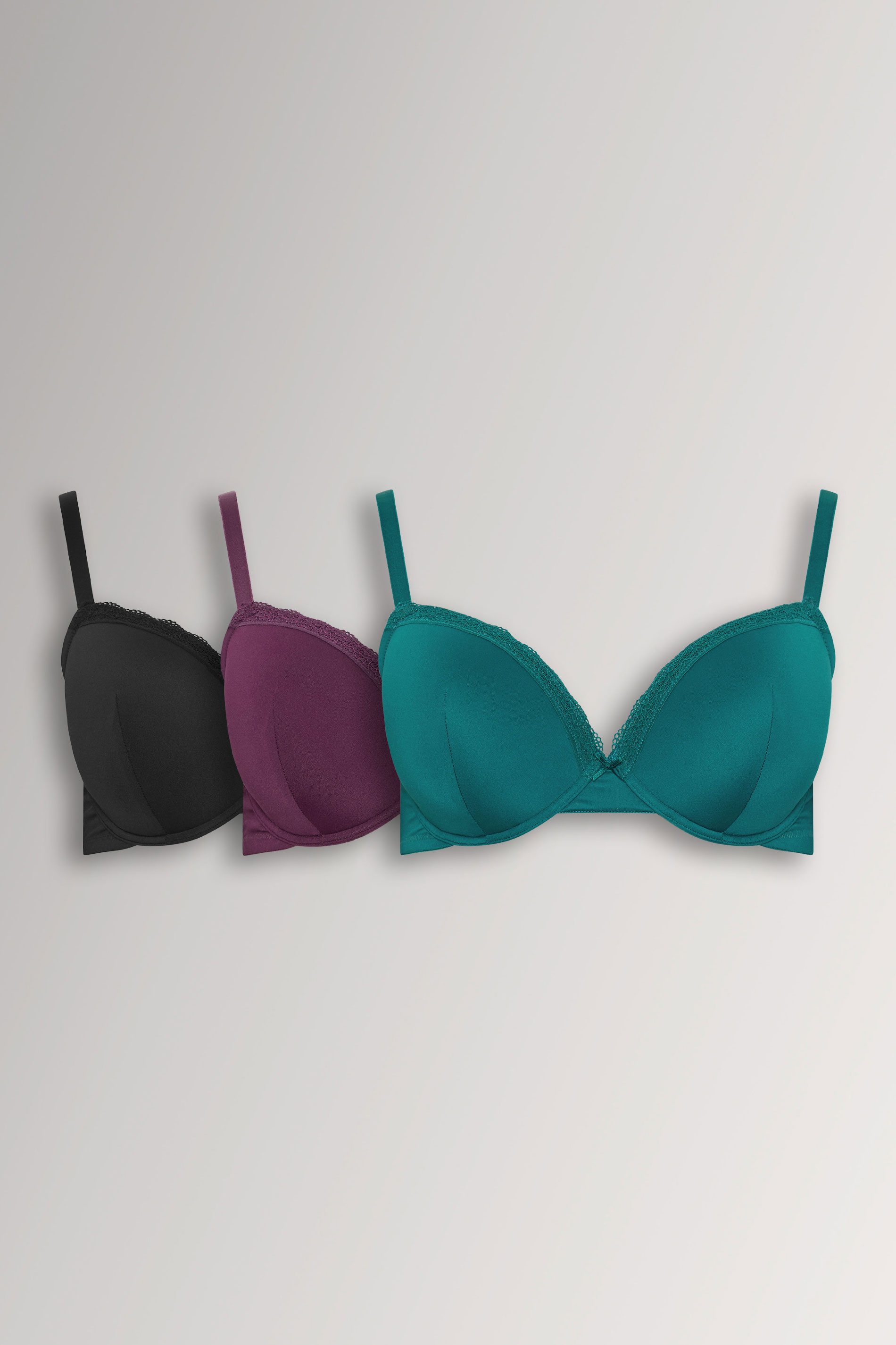 YOURSET 3 PACK Plus Size Burgundy Red & Green Lace Trim Padded T-Shirt Bras | Yours Clothing 3