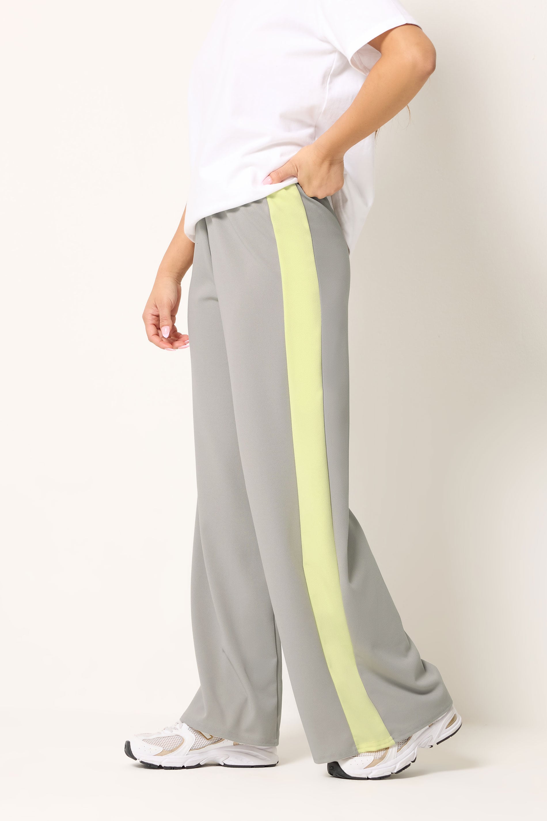 PixieGirl Petite Women's Grey Side Stripe Scuba Wide Leg Trousers | PixieGirl 1