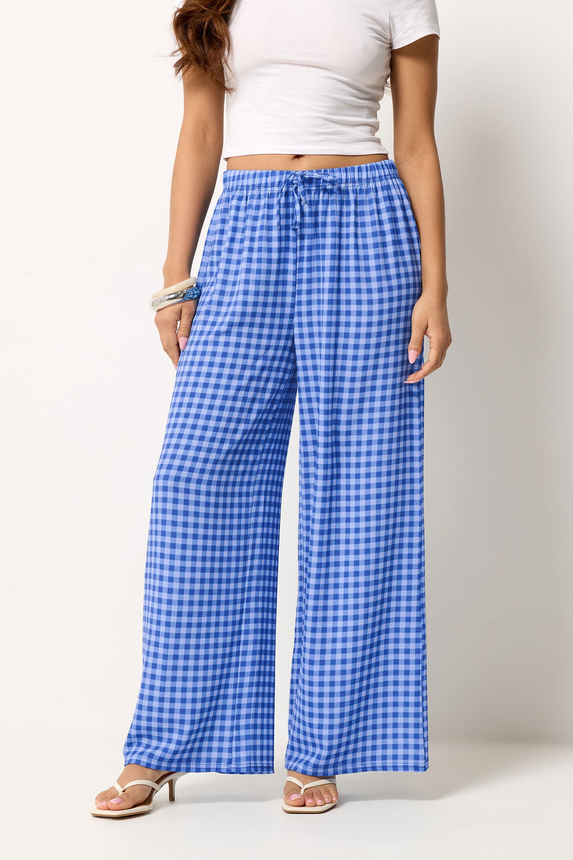 PixieGirl Petite Women's Blue Gingham Wide Leg Trousers | PixieGirl 1