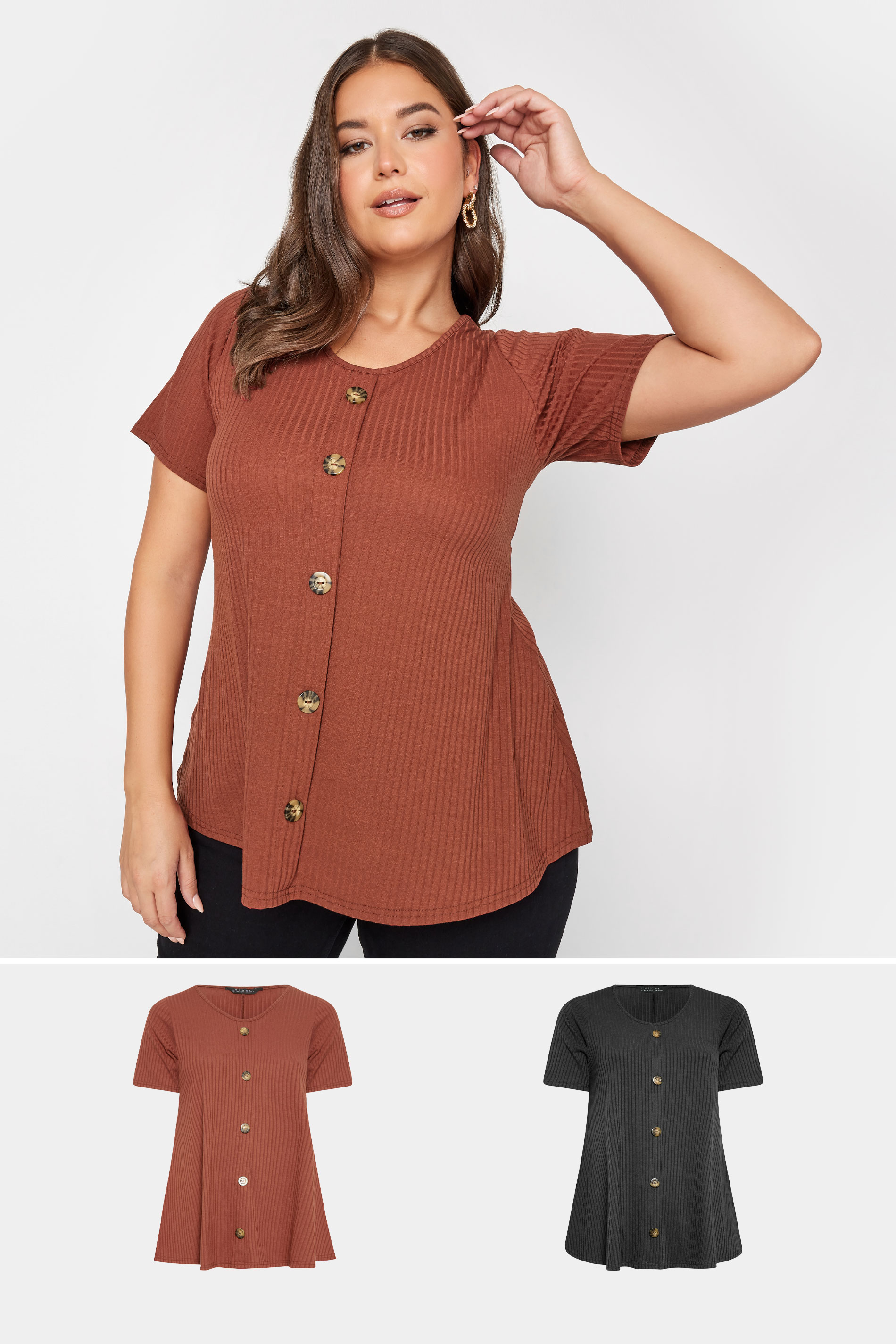 LIMITED COLLECTION 2 PACK Plus Size Curve Rust Orange & Black Ribbed Swing Tops | Yours Clothing  1