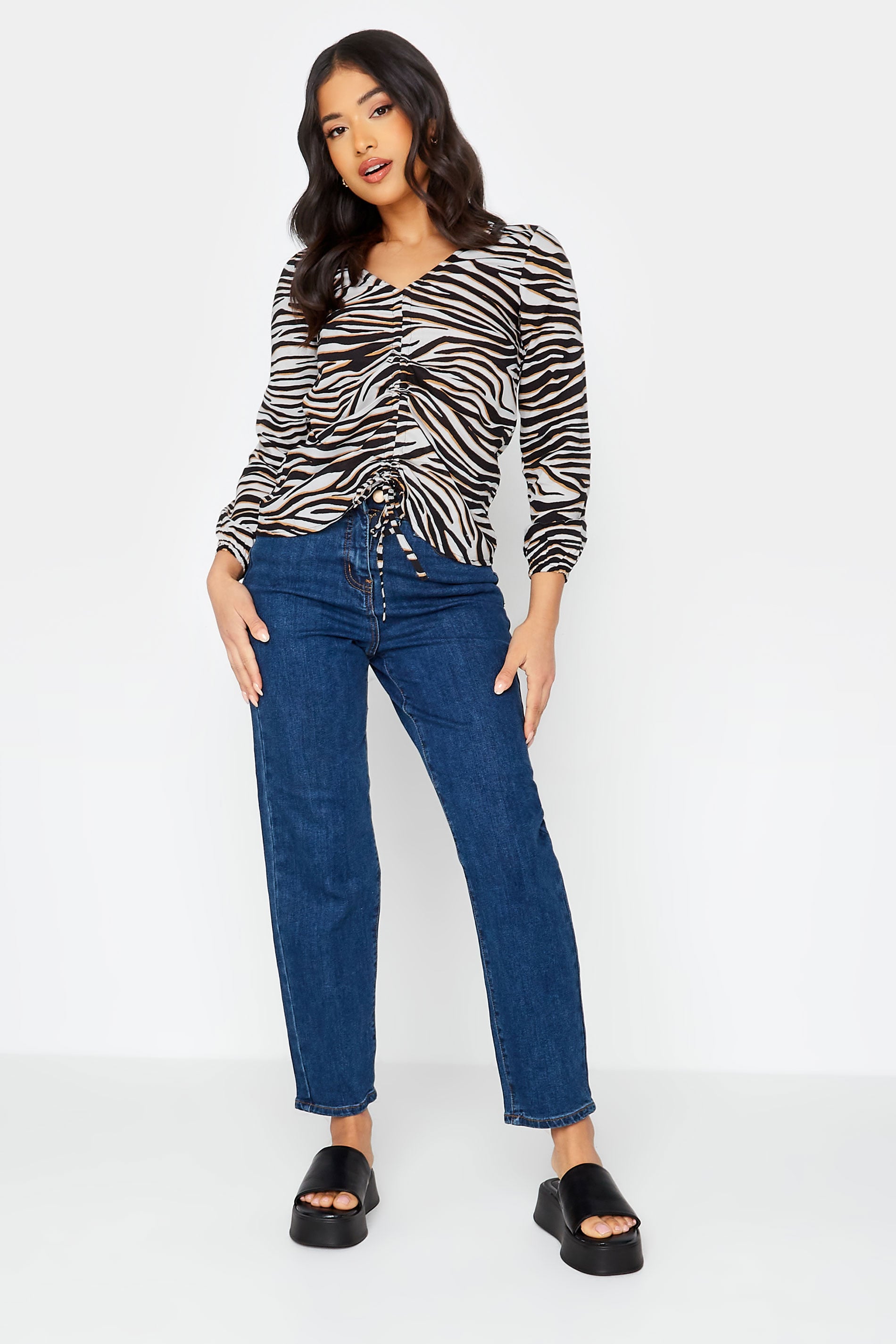 Petite Black Zebra Print Ruched Long Sleeve Top | PixieGirl 1