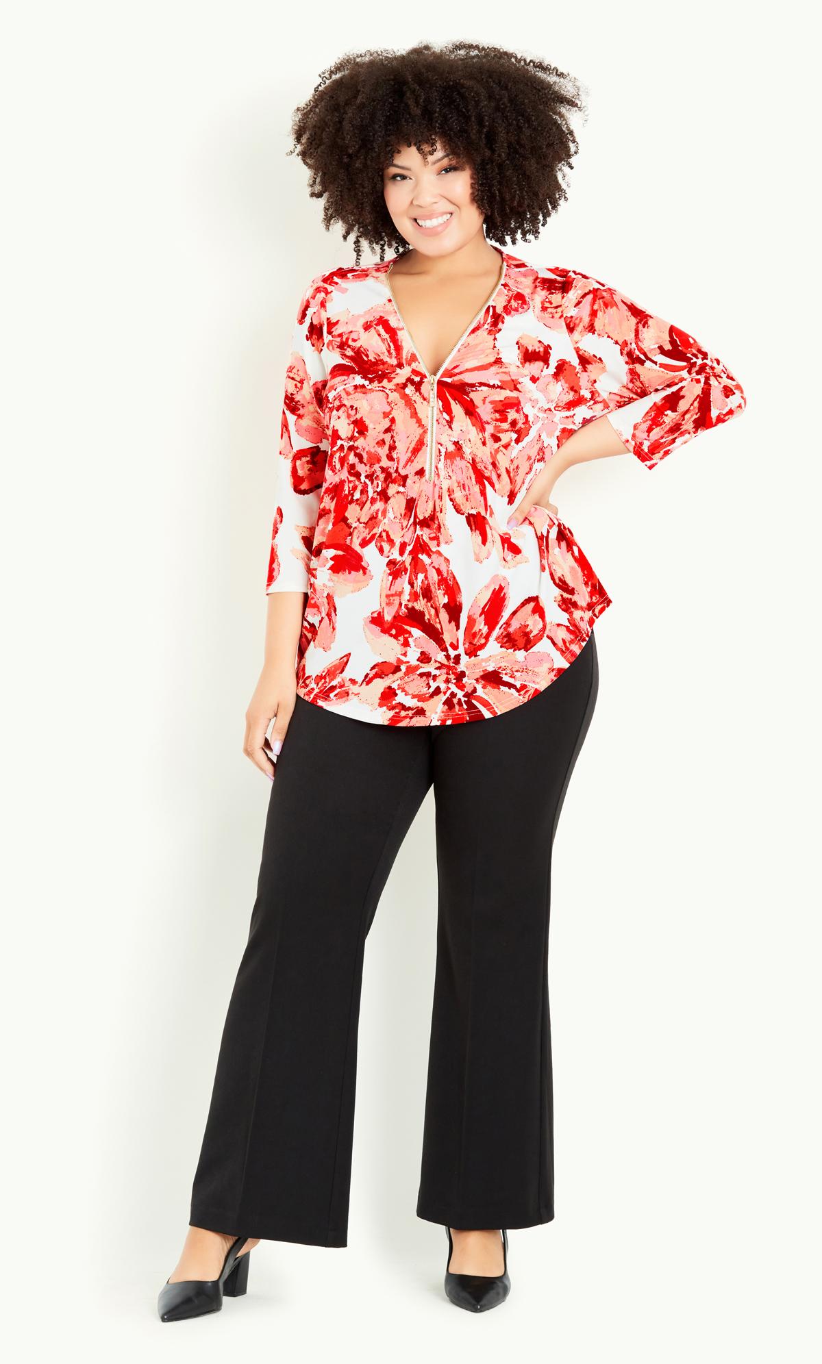 Evans White & Red Floral Print Zip Neck Top 1