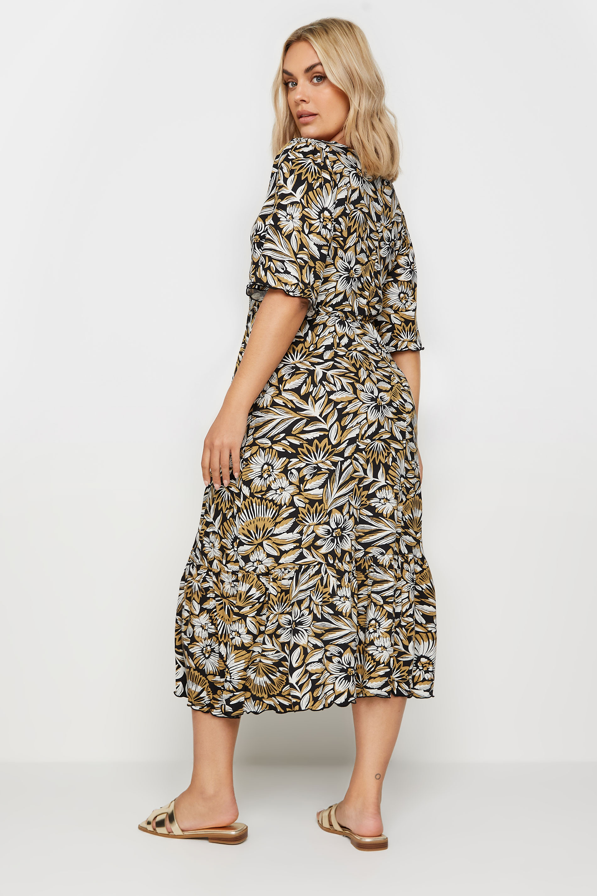 YOURS Plus Size Black & Yellow Floral Print Midi Wrap Dress | Yours Clothing 3
