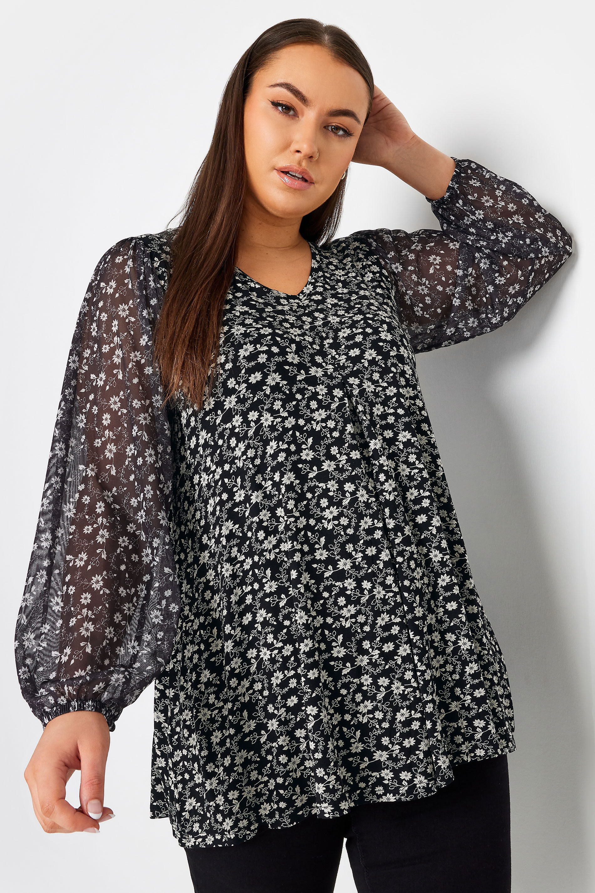 YOURS Plus Size Blue Floral Print Mesh Sleeve Top | Yours Clothing 1
