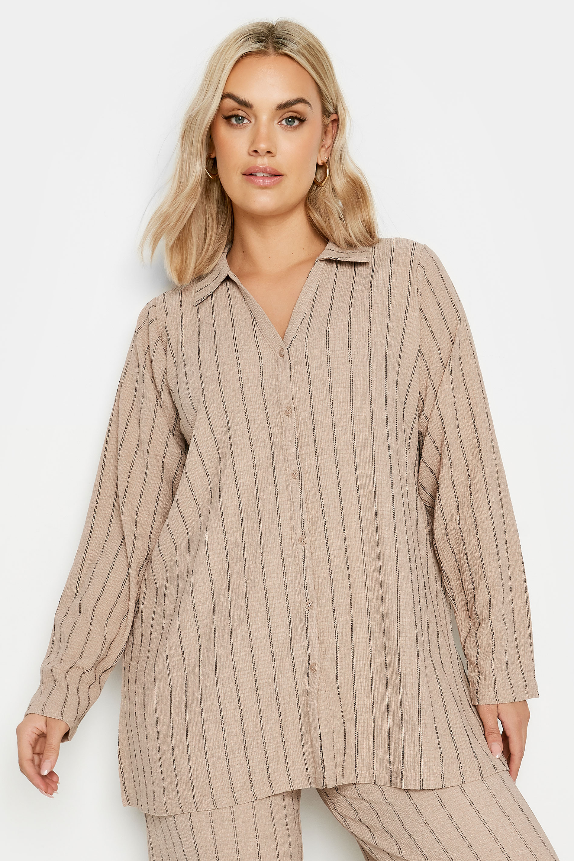 YOURS Plus Size Natural Brown Textured Pinstripe Shirt | Yours Clothing 2