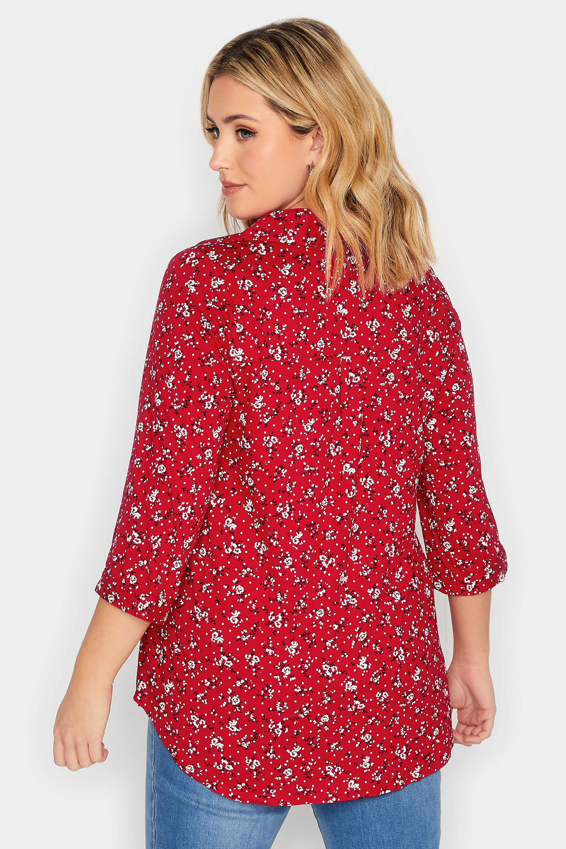 Curve Red Floral Half Placket Shirt | Yours Clothing 3