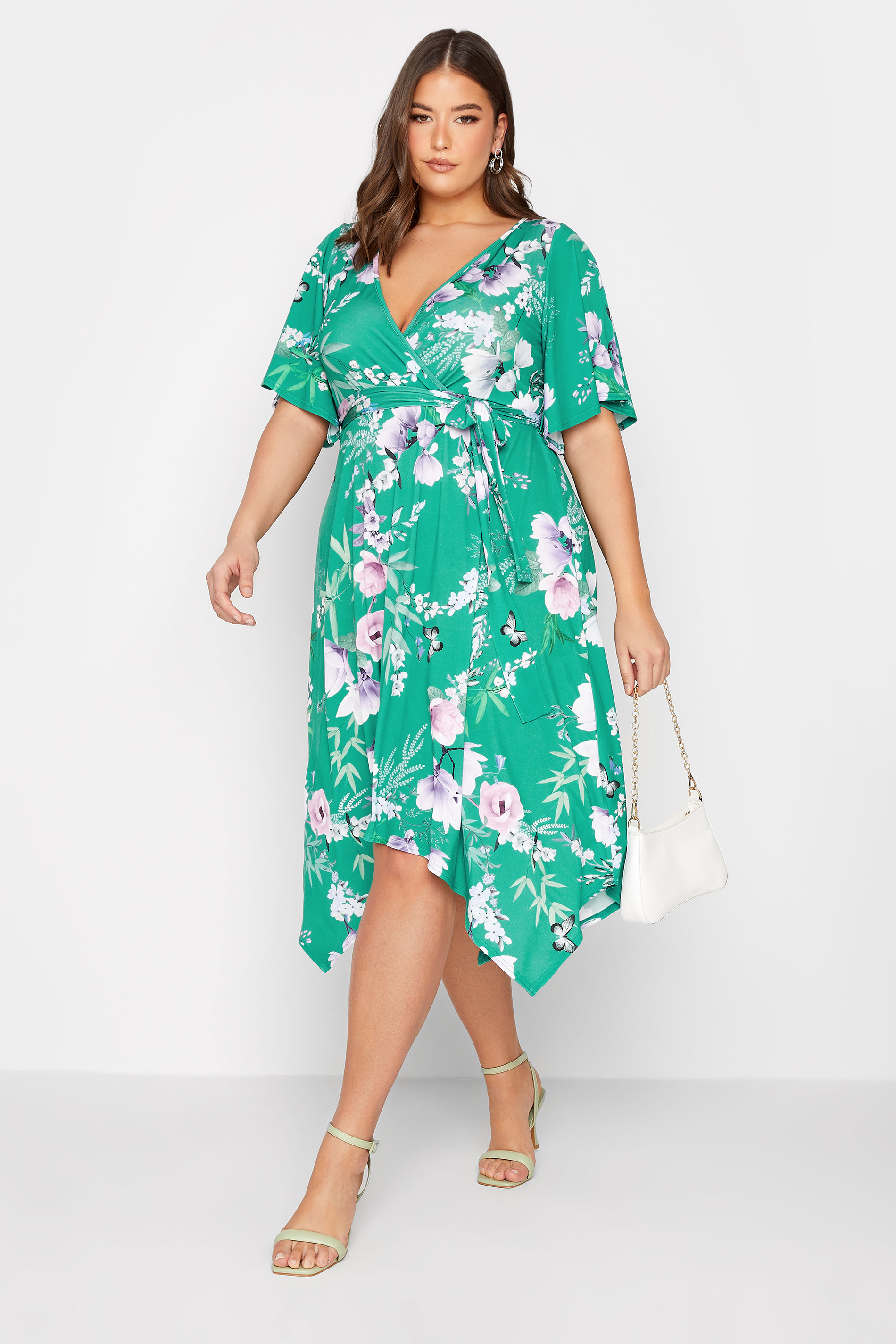 YOURS LONDON Plus Size Green Floral Hanky Hem Dress | Yours Clothing 1