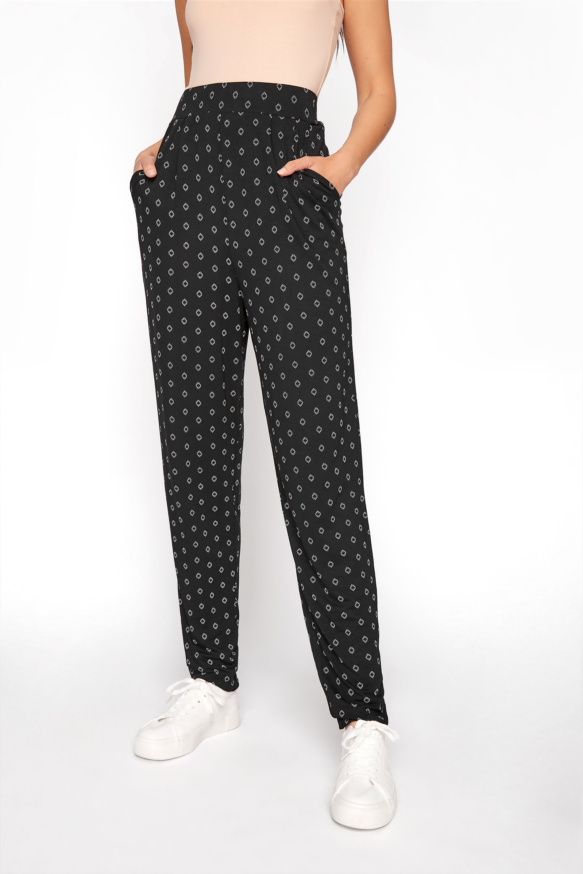 LTS Black Geometric Double Pleat Jersey Harem Trousers | Long Tall Sally