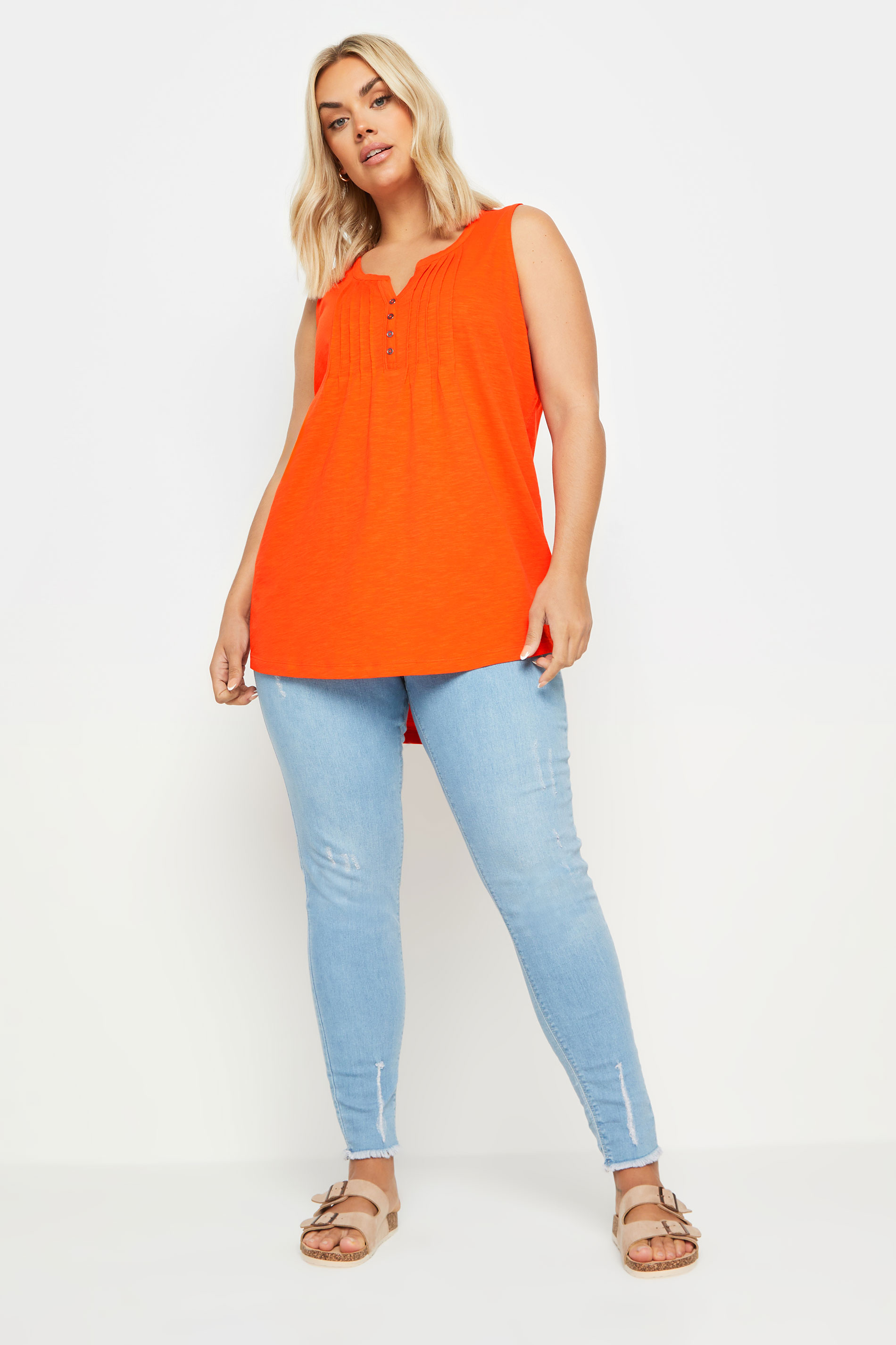 YOURS Plus Size Bright Orange Pintuck Henley Vest Top | Yours Clothing 2