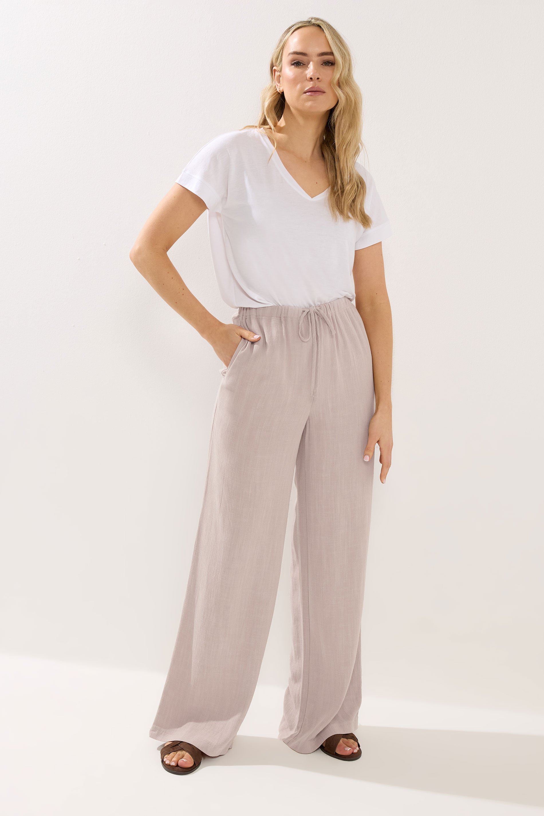 LTS Tall Women's Natural Brown Wide Leg Linen Trousers | Long Tall Sally 3
