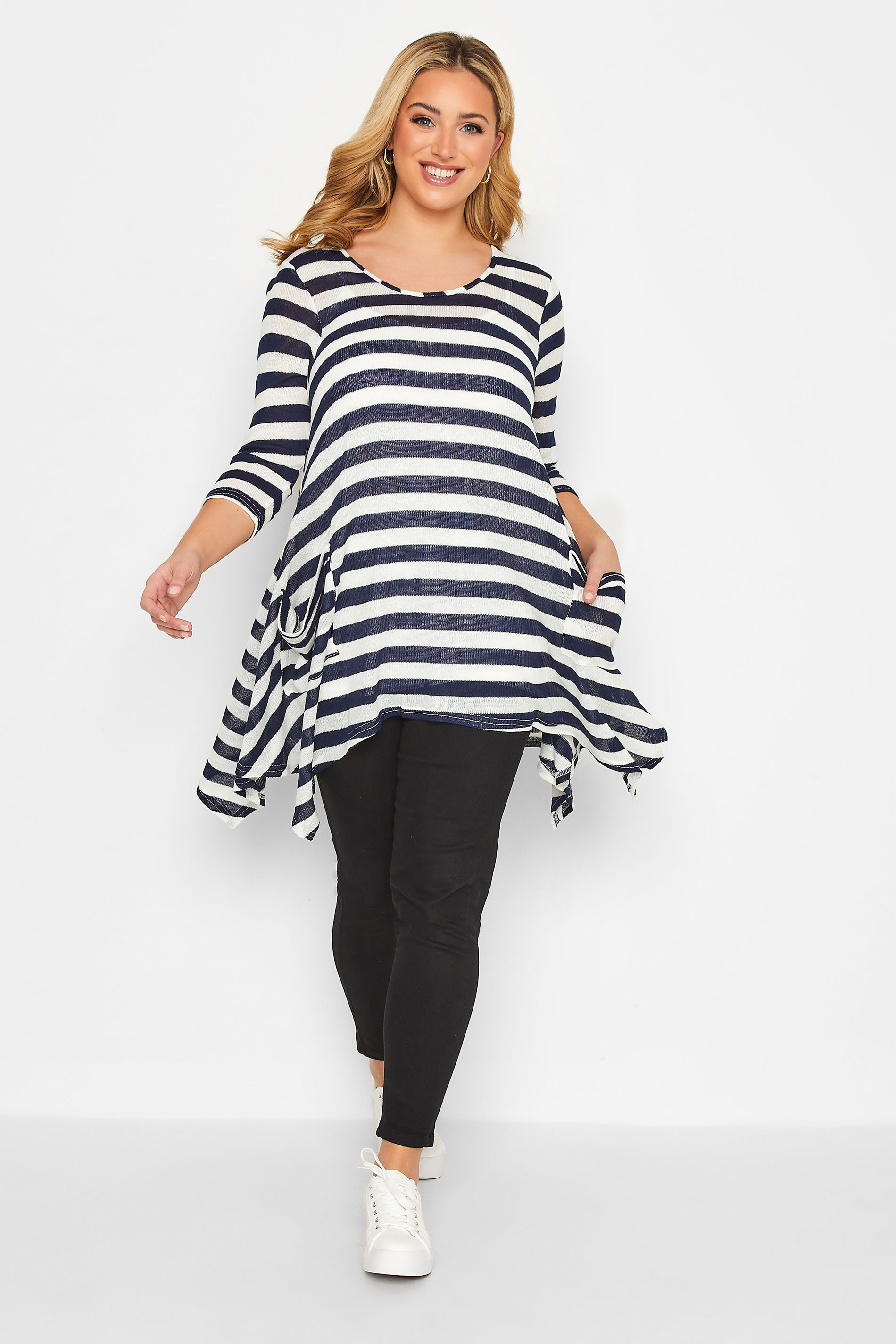 Plus Size Navy Blue & White Stripe Hanky Hem Knit Top | Yours Clothing  2