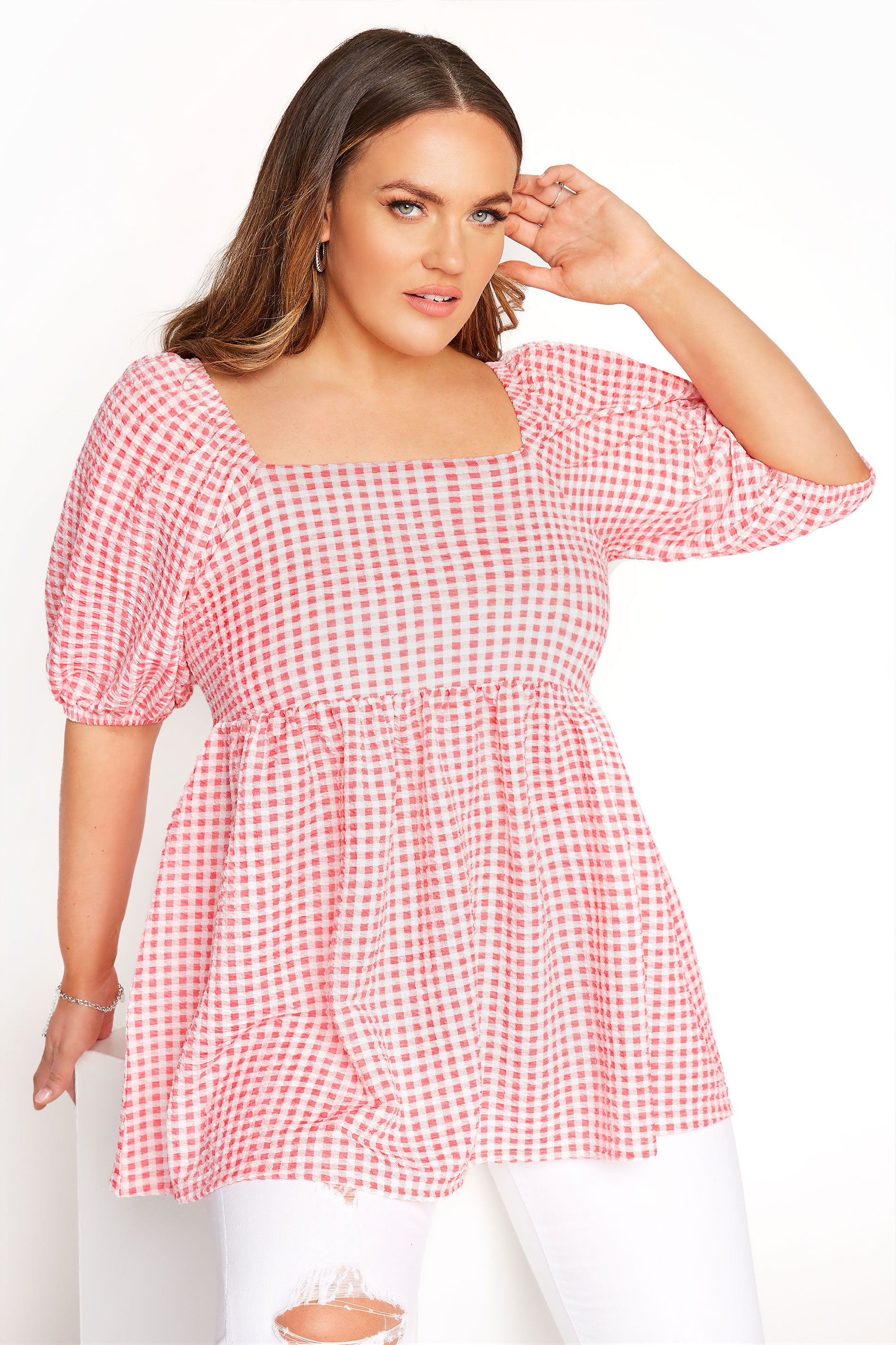 LIMITED COLLECTION Curve Coral Pink Gingham Milkmaid Top 1