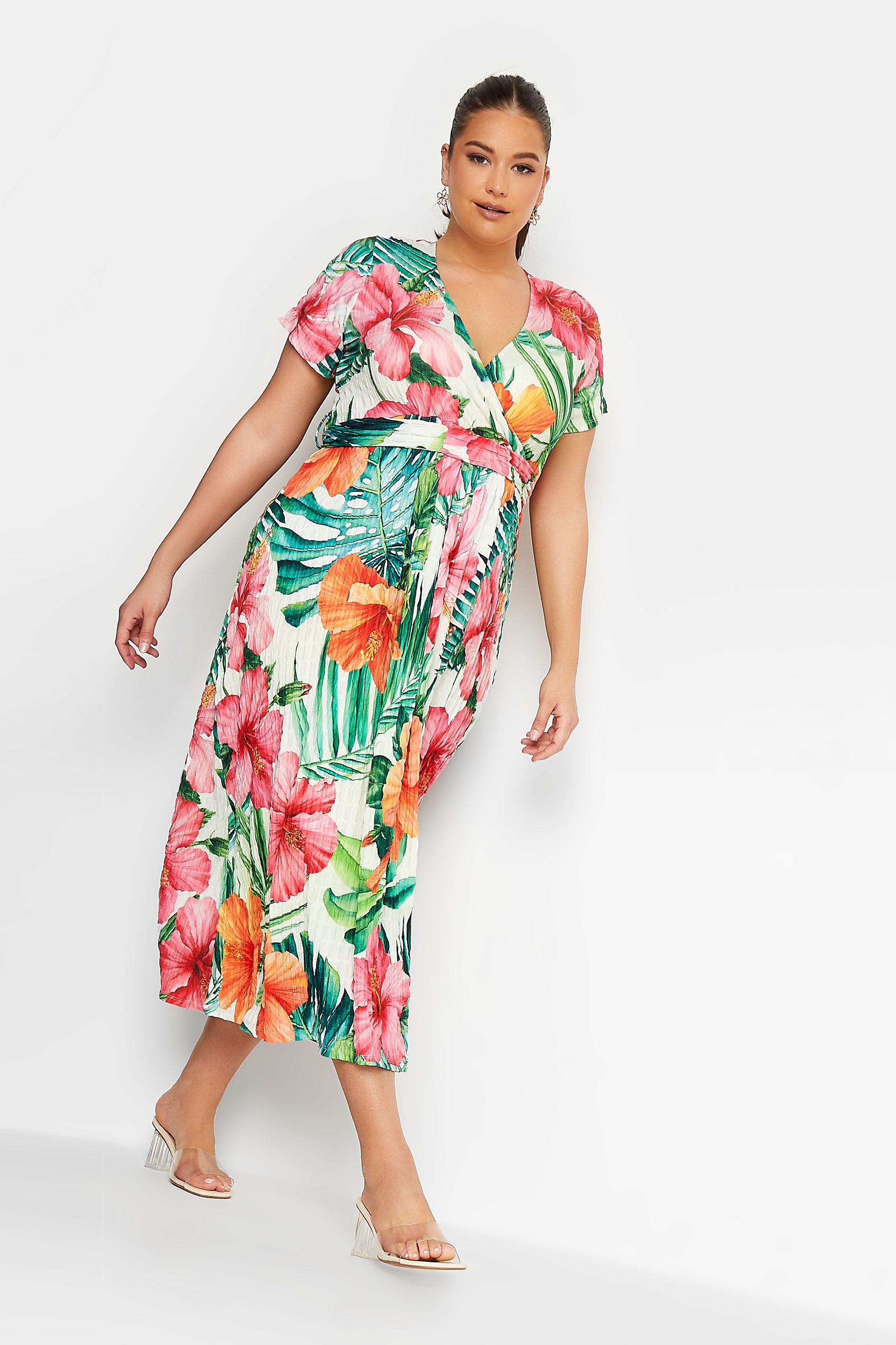 YOURS Curve Green Tropical Floral Print Wrap Dress | Yours Clothing 1