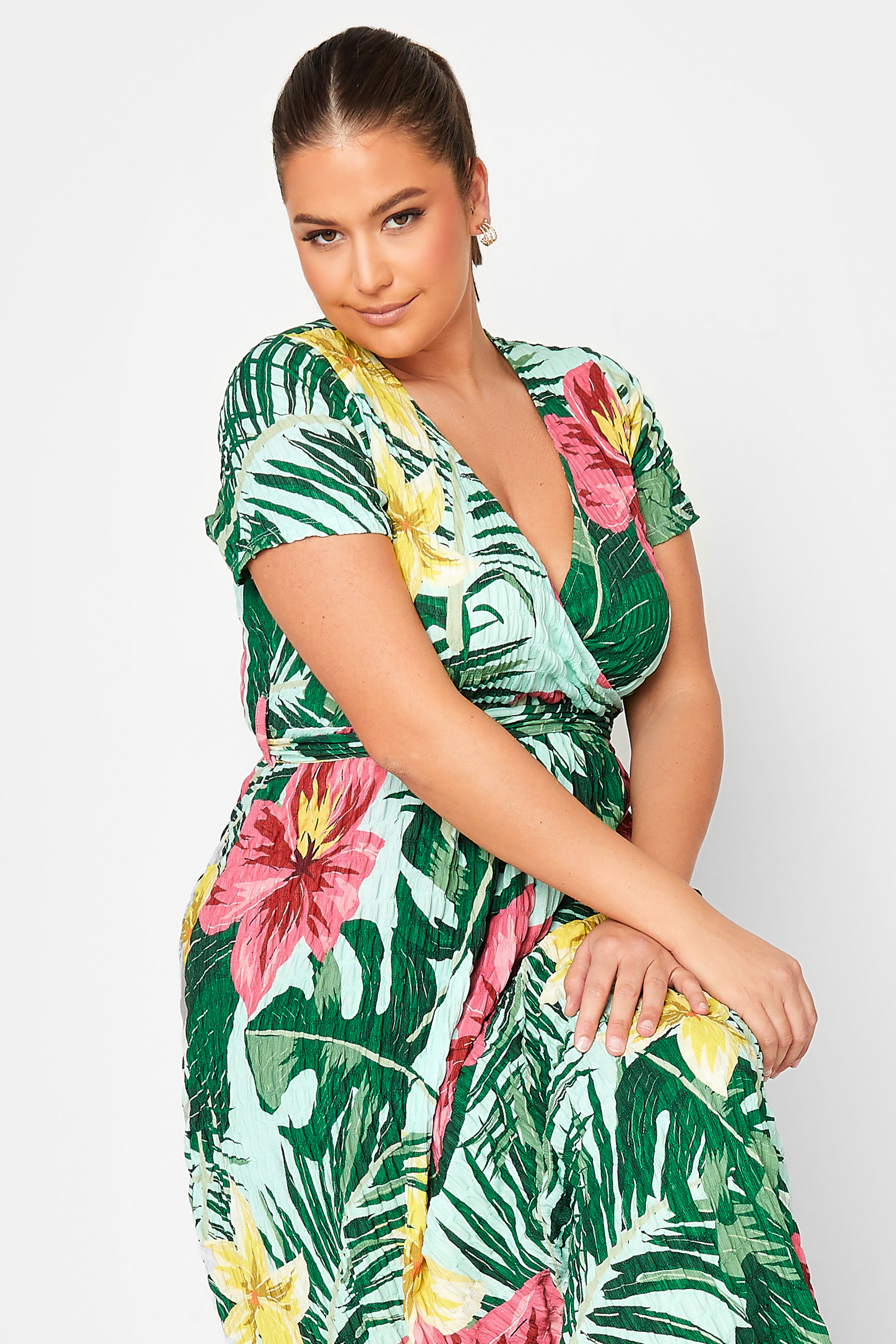 YOURS Curve Plus Size Green & Pink Tropical Floral Print Wrap Dress ...