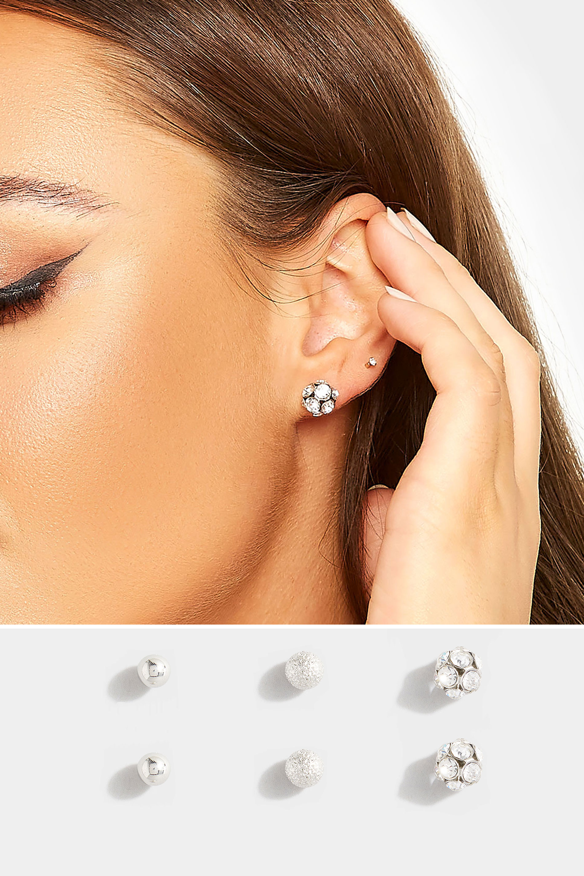 3 PACK Silver Diamante Stud Set | Yours Clothing 1