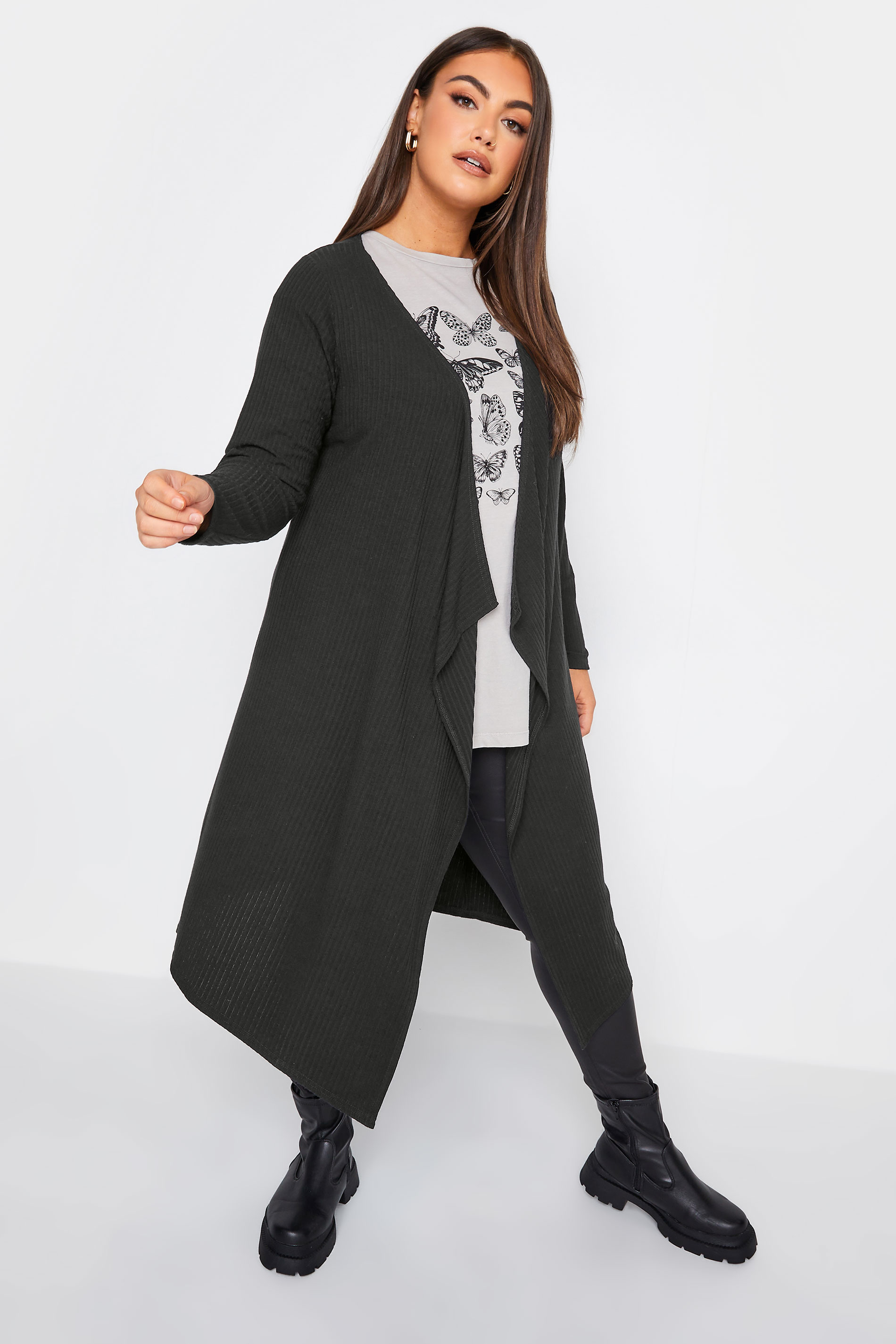 YOURS Plus Size Black Ribbed Midaxi Waterfall Cardigan | Yours Clothing 2